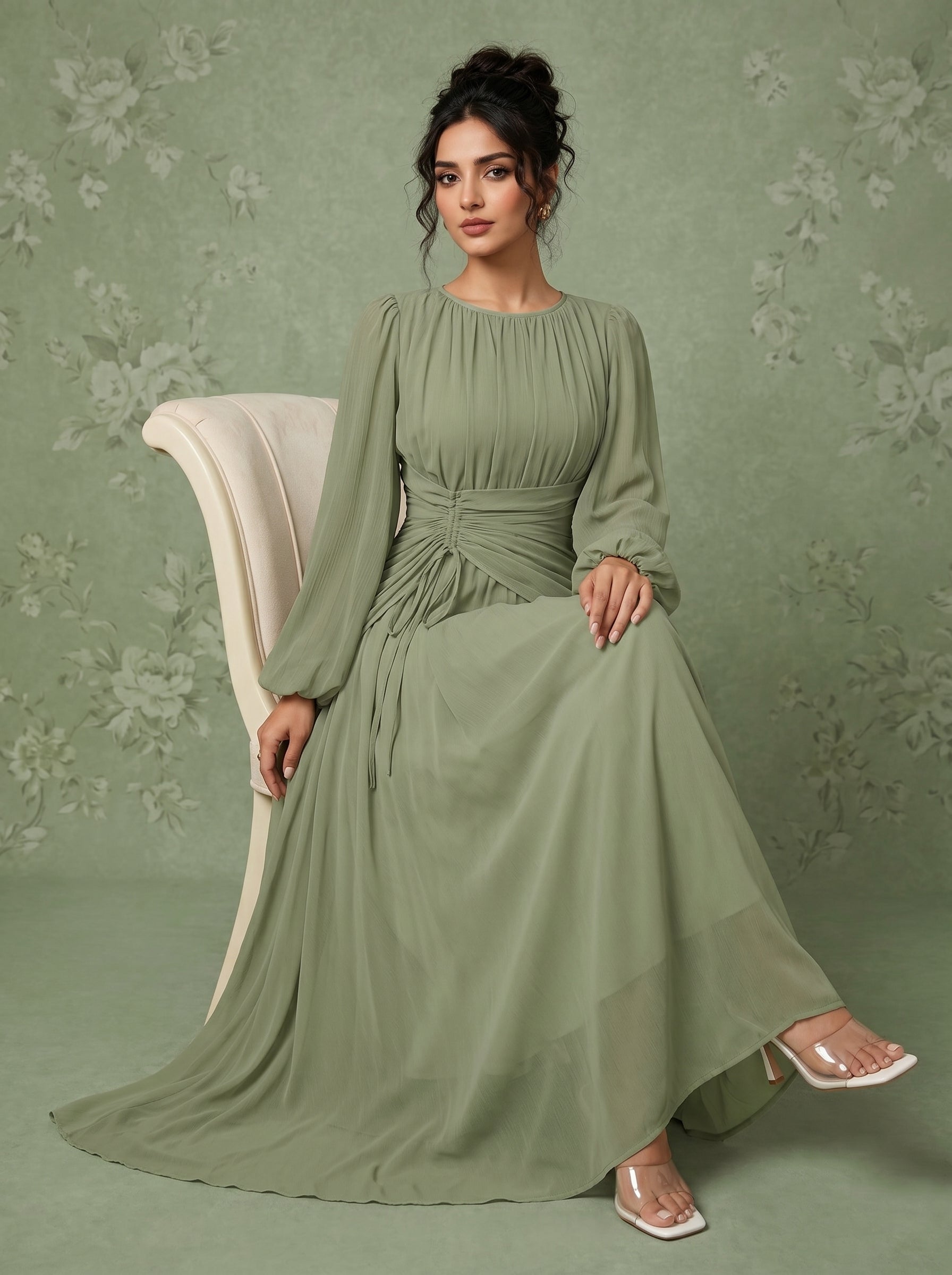 Naye Kapray Women's Sage Green Maxi Dress | Modest Long Sleeve Formal Dress | Wedding Guest & Occasion Dress for Women