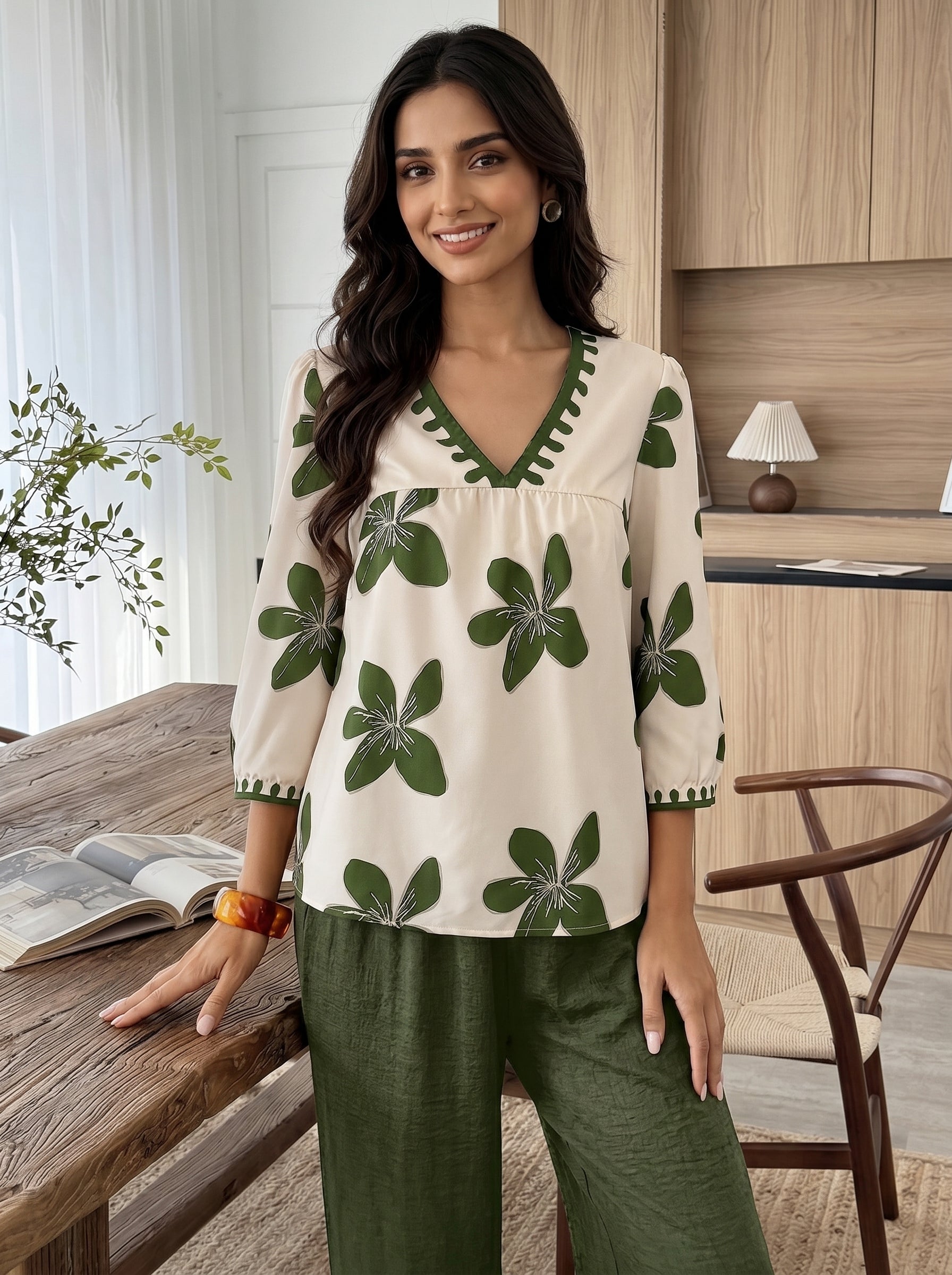 Naye Kapray Women's Olive Green Floral Print Co-Ord Set UK | V Neck Blouse & Wide Leg Trousers | Modest Two Piece Outfit for Women