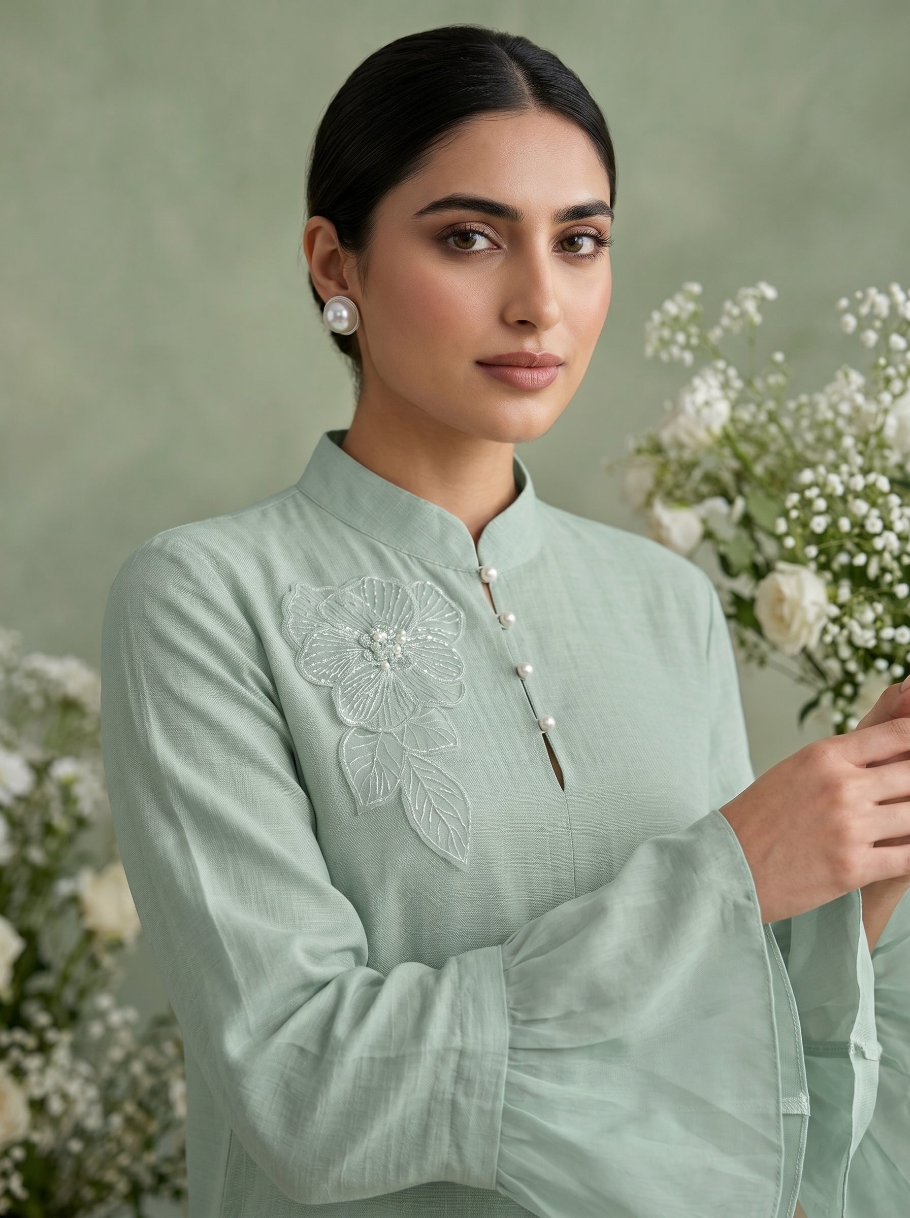 Naye Kapray Women's Mint Green Ruffle Sleeve Co-Ord Set | Stand Collar Tunic Top & Pocket Wide Leg Trousers | Elegant Modest Two Piece Outfit