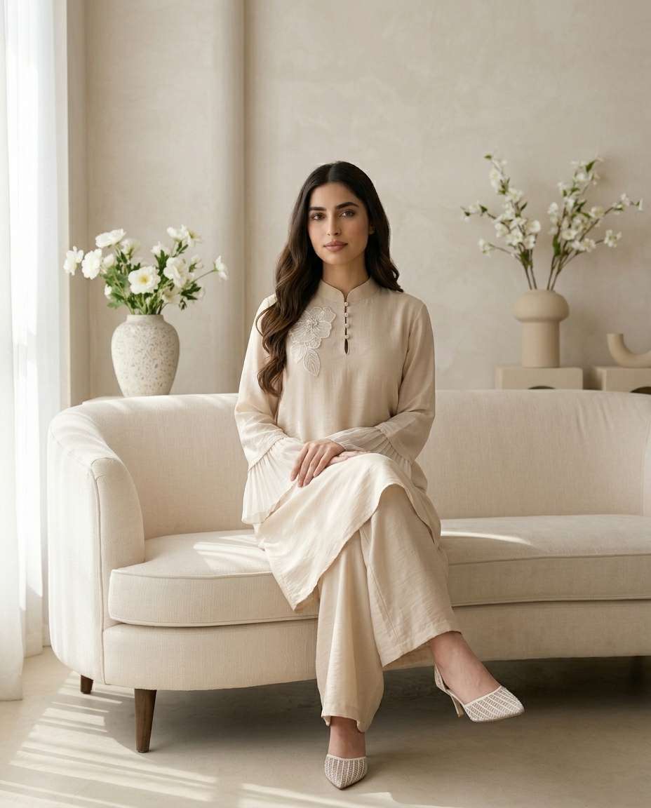 Naye Kapray Women's Apricot Ruffle Sleeve Co-Ord Set | Stand Collar Tunic Top & Pocket Wide Leg Trousers | Elegant Modest Two Piece Outfit