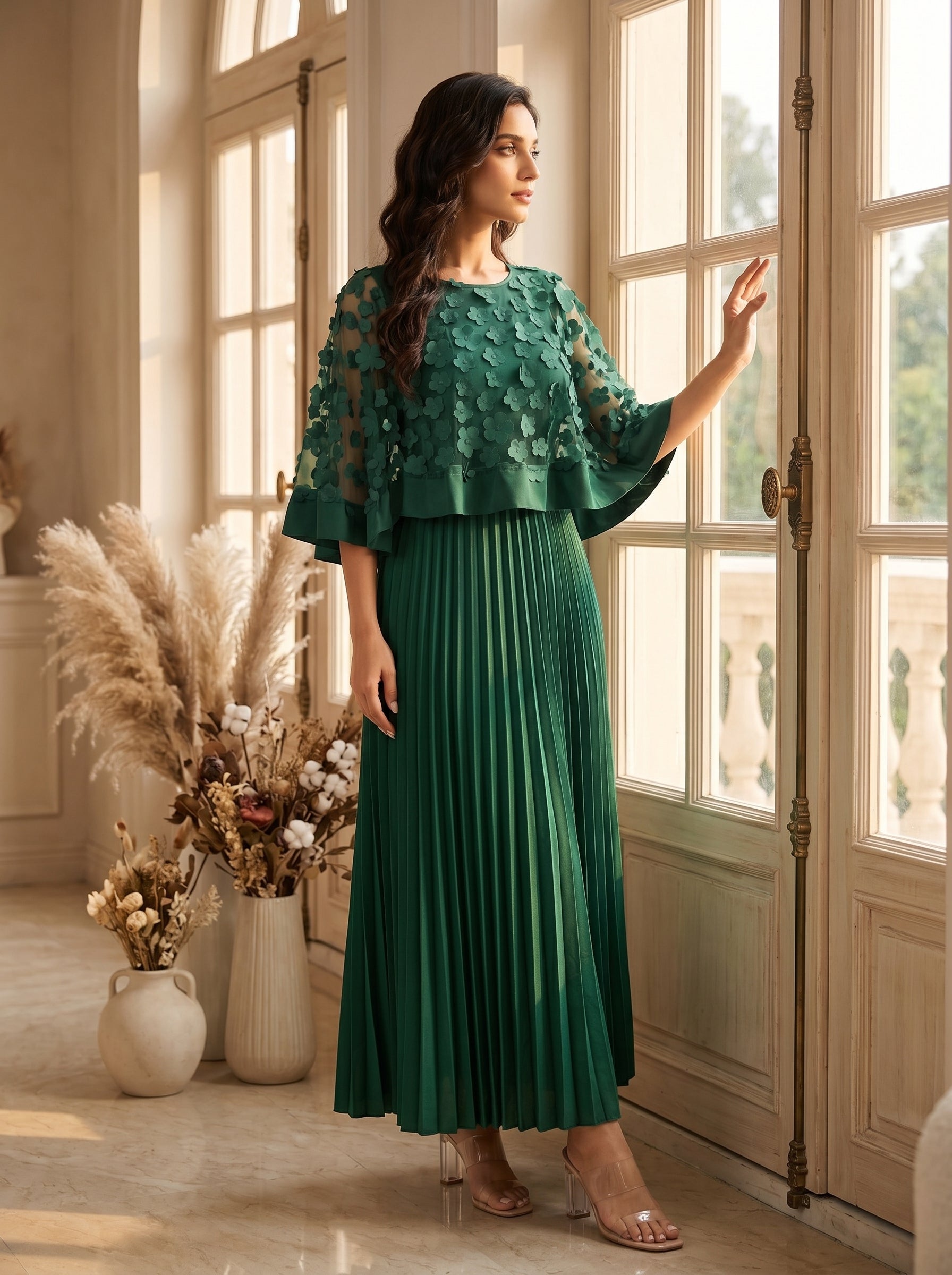 Naye Kapray Emerald Green Pleated Maxi Dress UK | Women's Wedding Guest Dress | Floral Applique Formal Occasion Wear | Modest Evening Party Dress