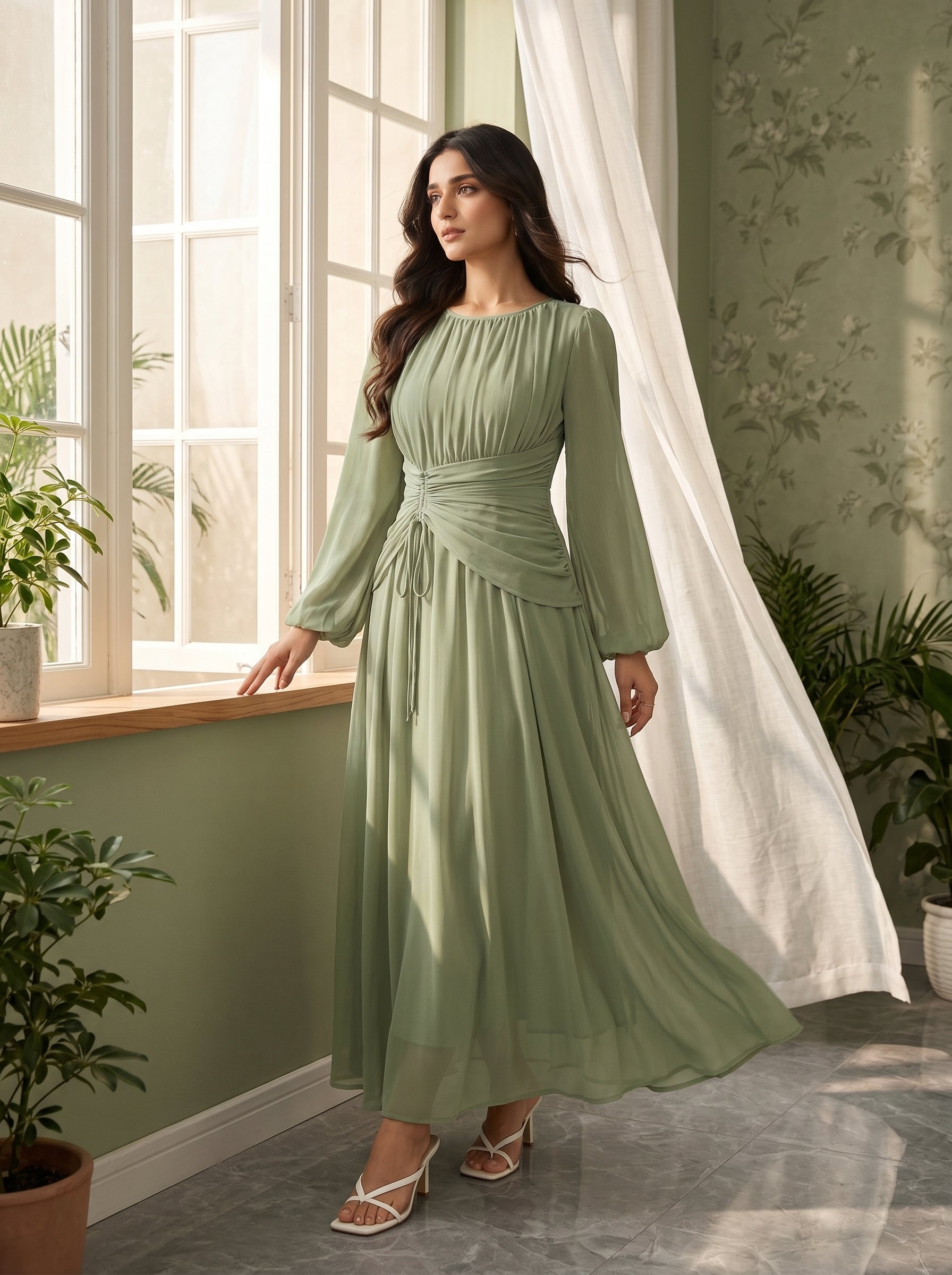 Naye Kapray Women's Sage Green Maxi Dress | Modest Long Sleeve Formal Dress | Wedding Guest & Occasion Dress for Women
