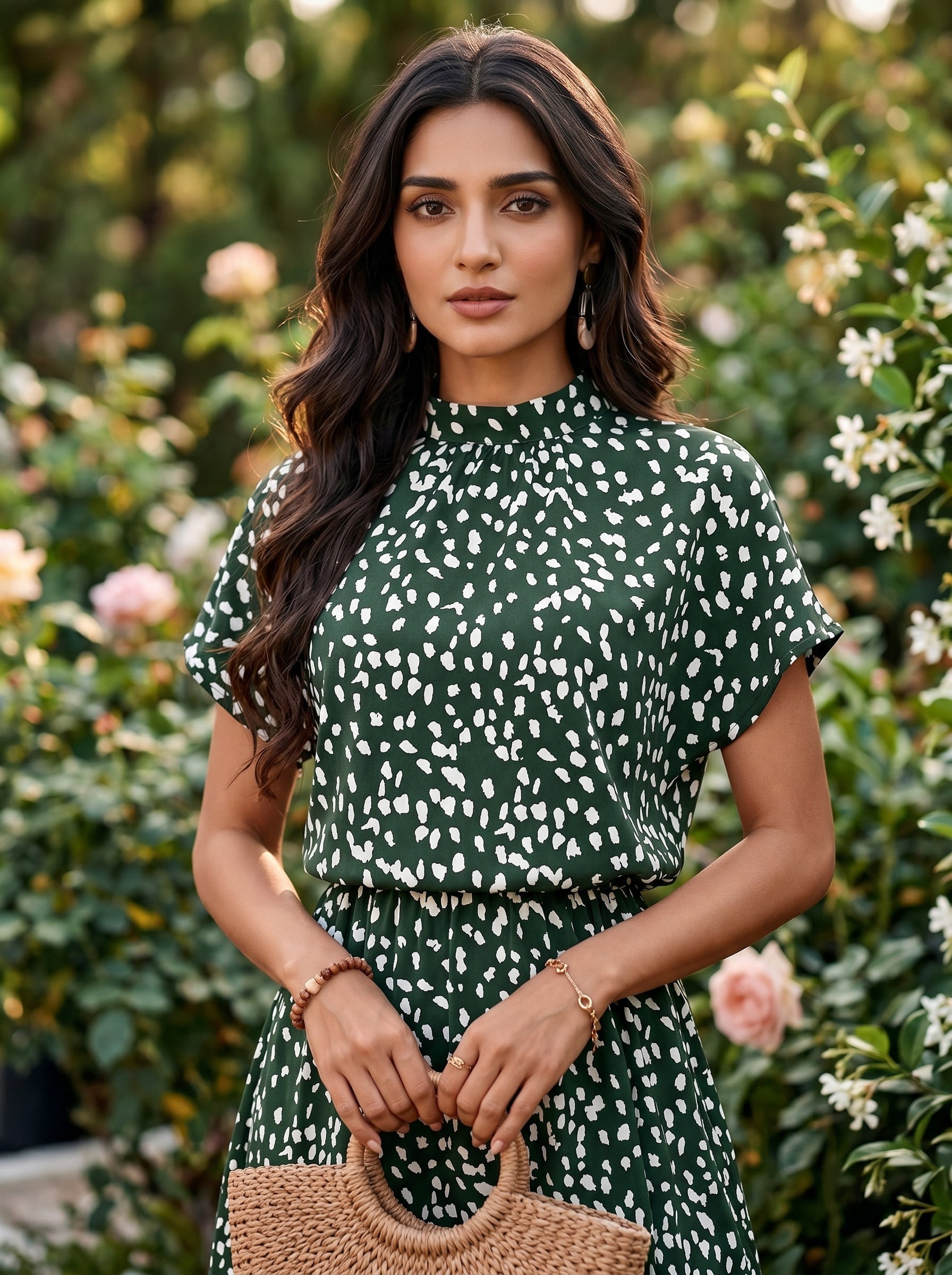 Naye Kapray Women's Forest Green Printed Midi Dress | High Neck Batwing Sleeve A-Line Dress | Elegant Casual Summer Dress