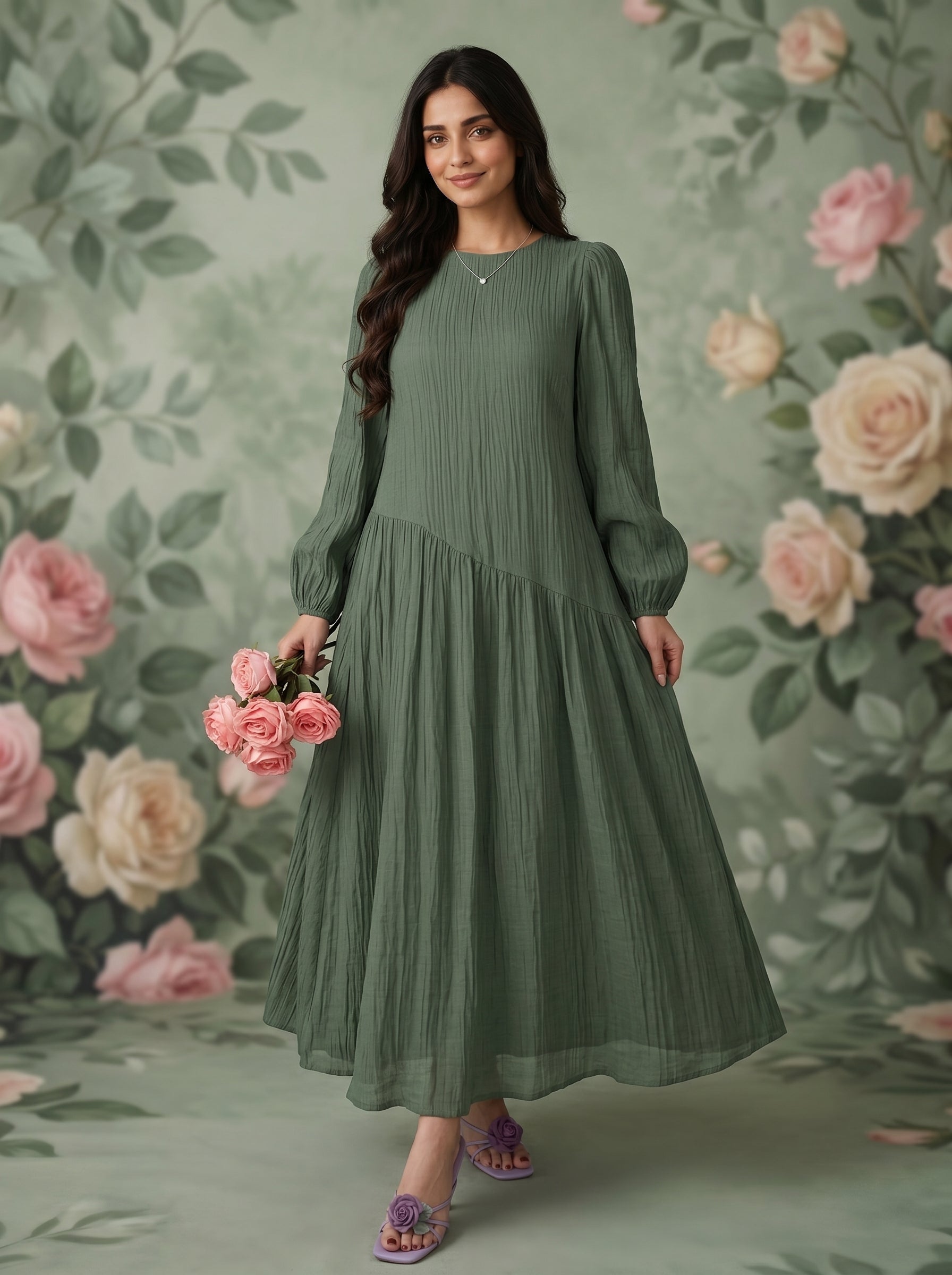 Naye Kapray Olive Green Maxi Dress for Women | Long Sleeve Modest Dress | Casual Formal Occasion Wear | Flowy Smock Dress
