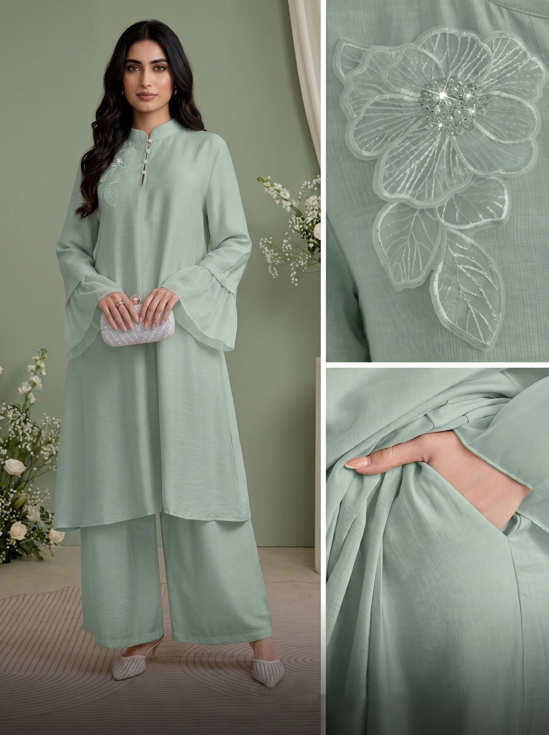 Naye Kapray Women's Mint Green Ruffle Sleeve Co-Ord Set | Stand Collar Tunic Top & Pocket Wide Leg Trousers | Elegant Modest Two Piece Outfit