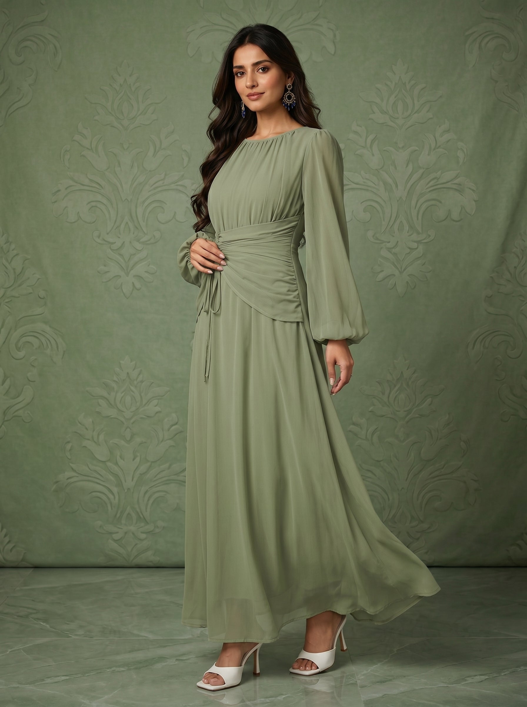 Naye Kapray Women's Sage Green Maxi Dress | Modest Long Sleeve Formal Dress | Wedding Guest & Occasion Dress for Women