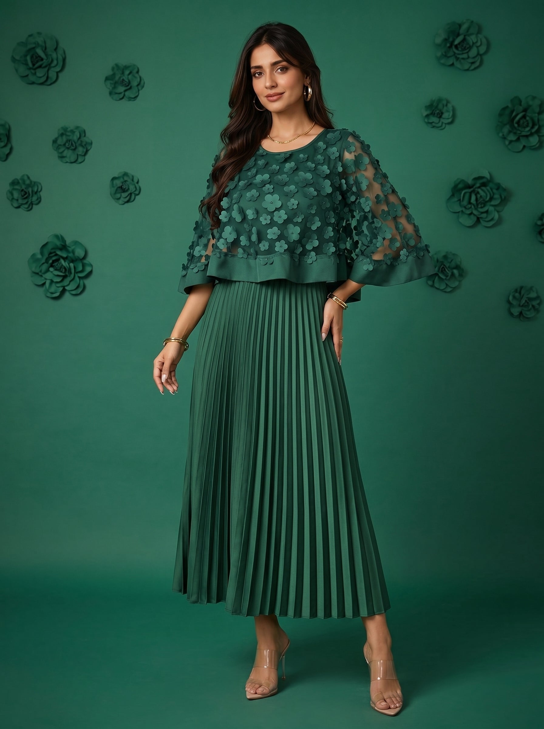 Naye Kapray Emerald Green Pleated Maxi Dress UK | Women's Wedding Guest Dress | Floral Applique Formal Occasion Wear | Modest Evening Party Dress