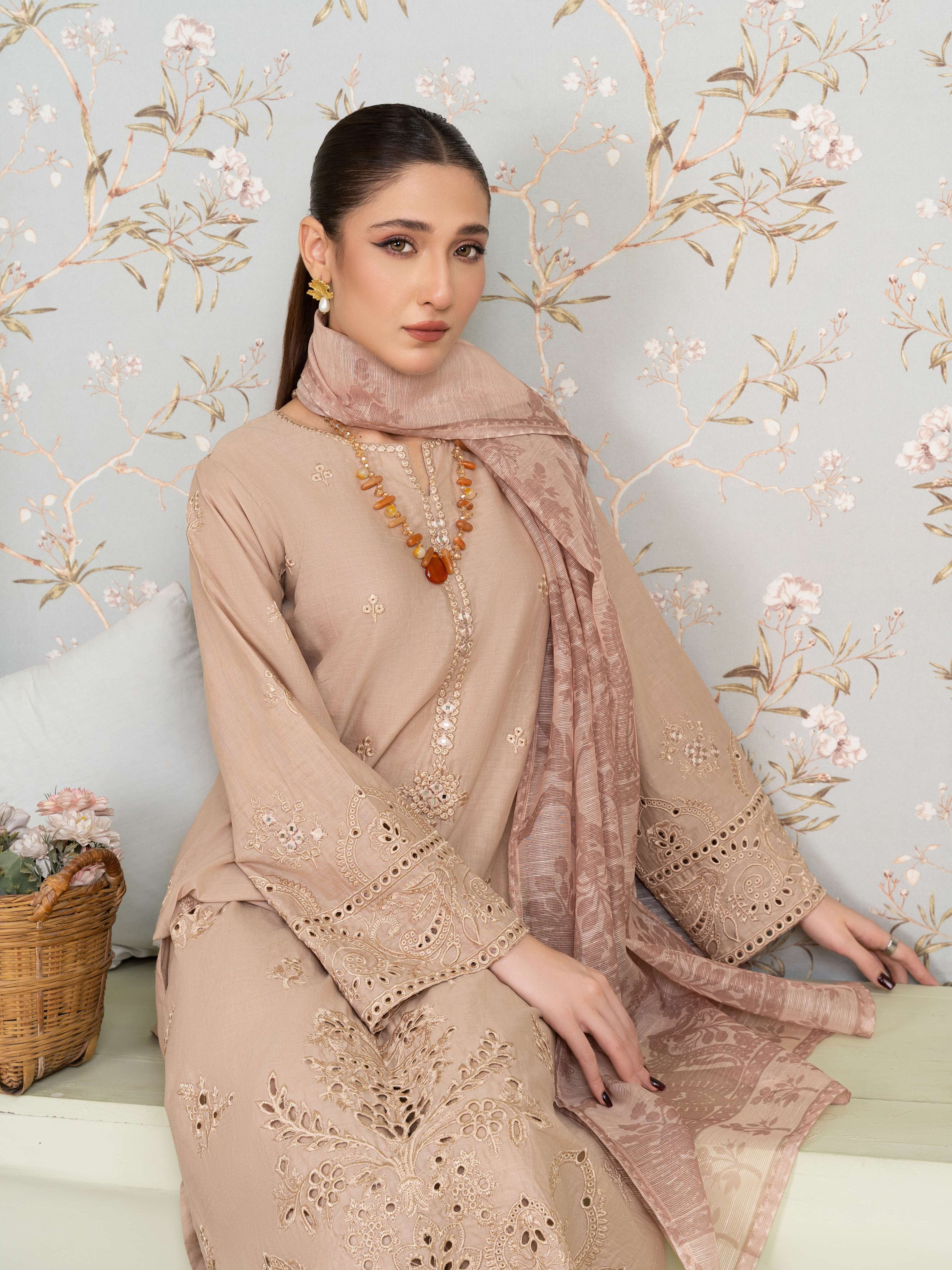 Lawn cotton Kurta Set in Beige