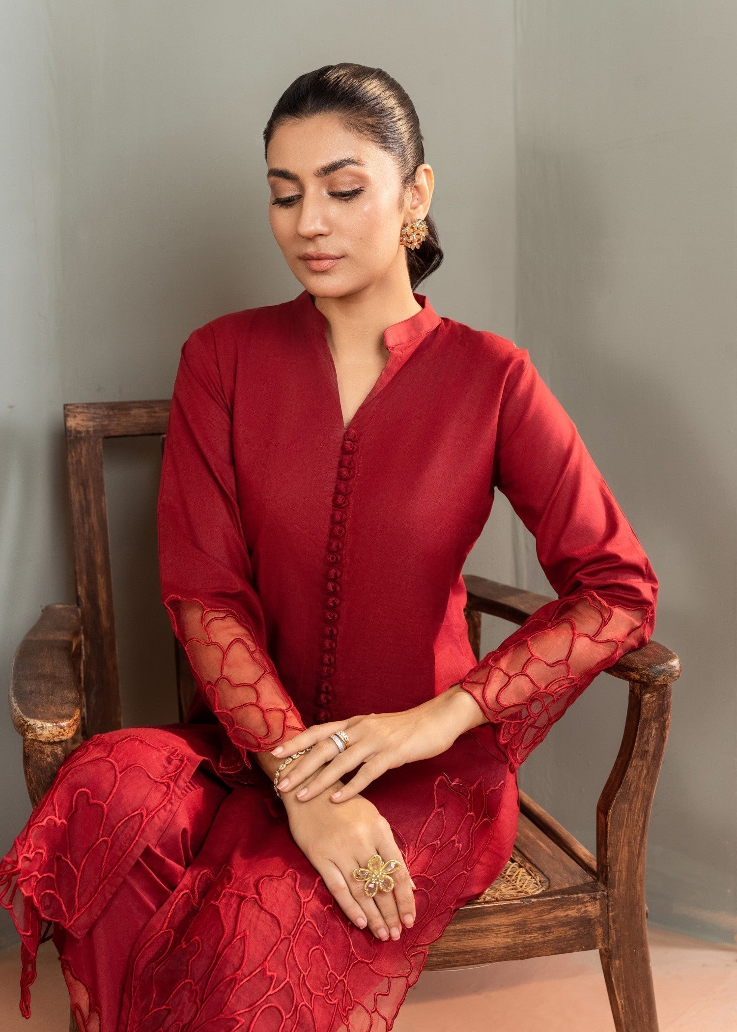 Lawn Kurta Set in Maroon, wine