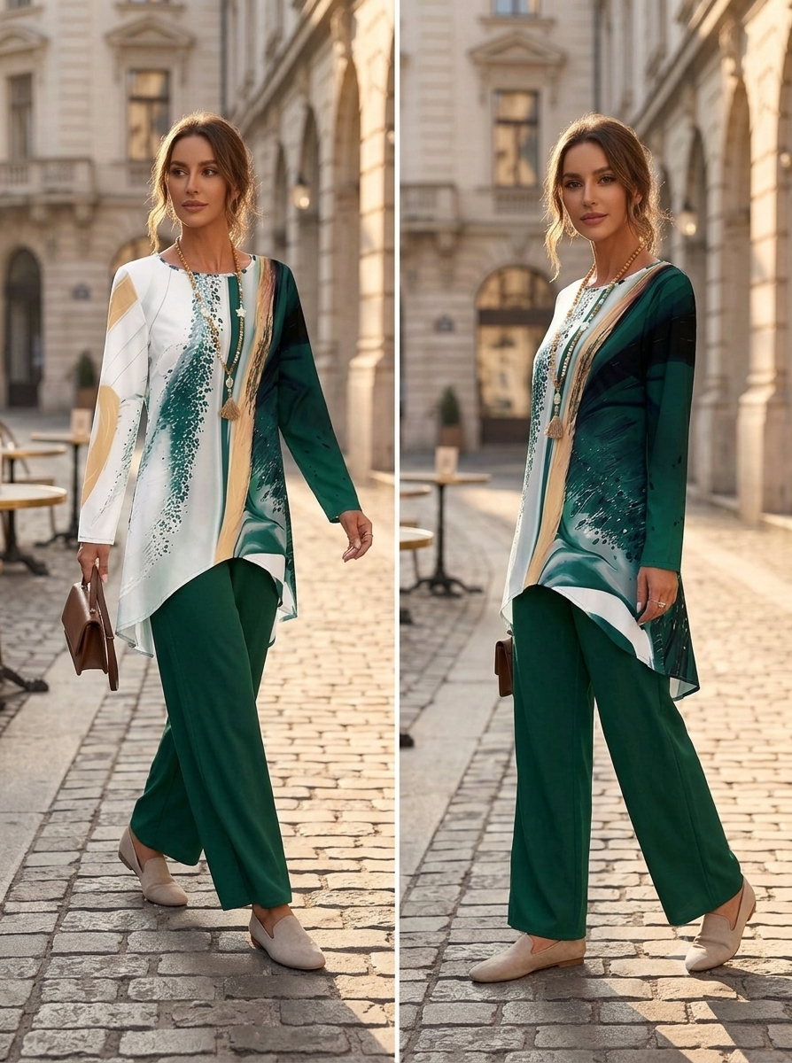 Naye Kapray Women's Dark Green Printed Co-Ord Set | Long Sleeve Tunic Top & Wide Leg Trousers | Modest Casual Outfit