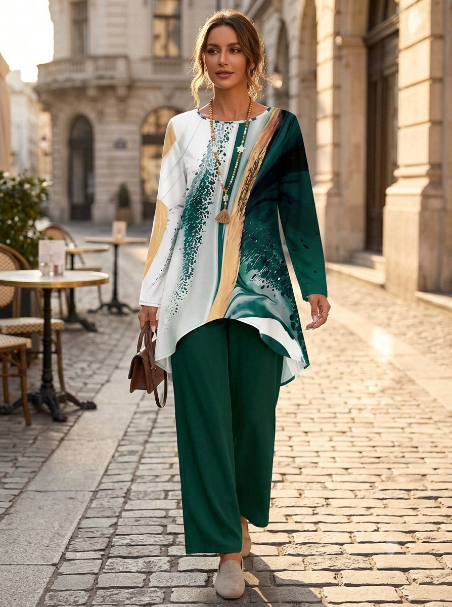 Naye Kapray Women's Dark Green Printed Co-Ord Set | Long Sleeve Tunic Top & Wide Leg Trousers | Modest Casual Outfit