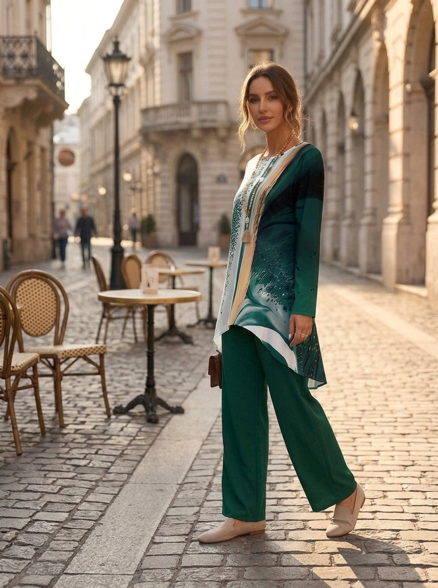 Naye Kapray Women's Dark Green Printed Co-Ord Set | Long Sleeve Tunic Top & Wide Leg Trousers | Modest Casual Outfit