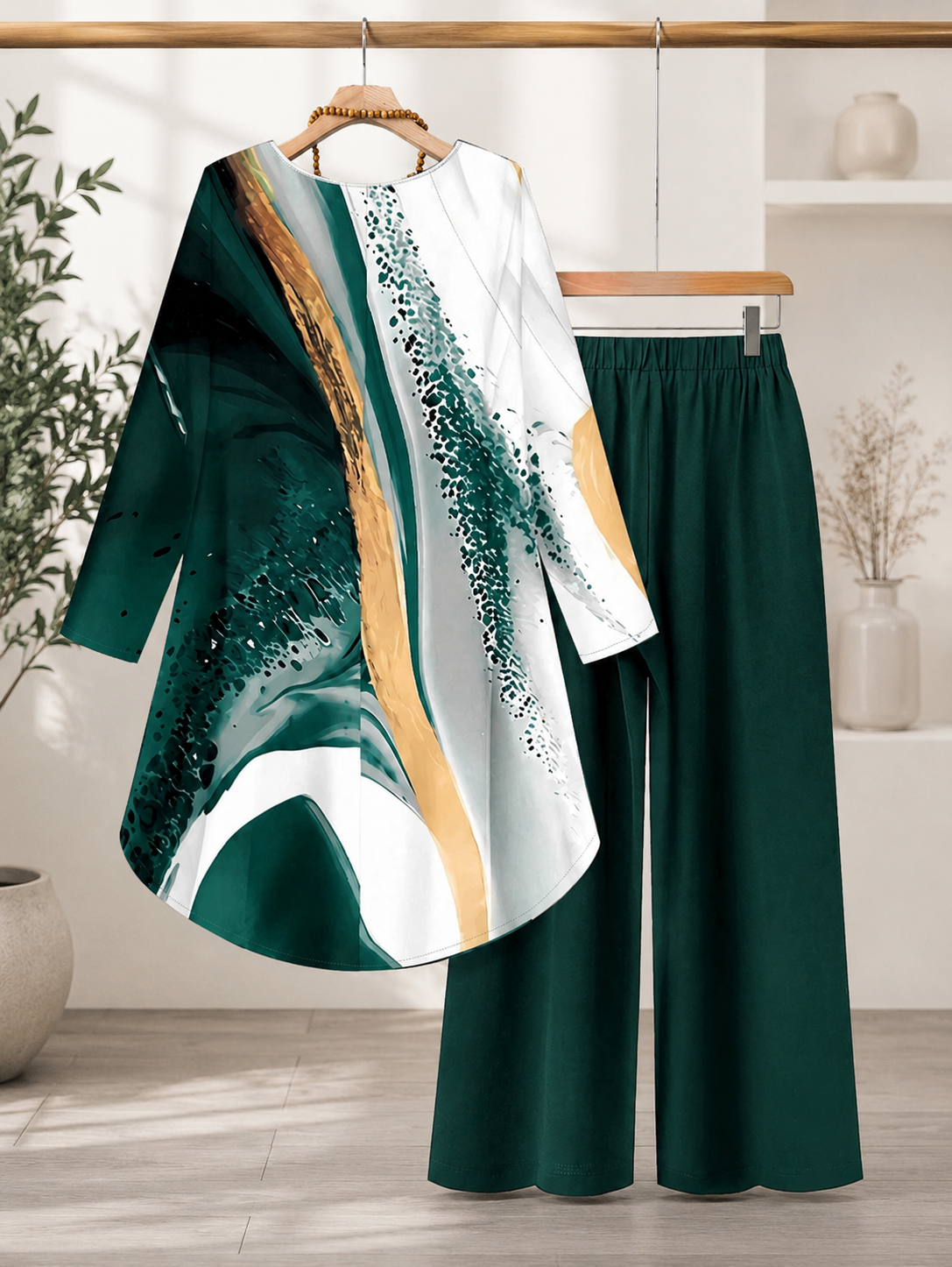 Naye Kapray Women's Dark Green Printed Co-Ord Set | Long Sleeve Tunic Top & Wide Leg Trousers | Modest Casual Outfit