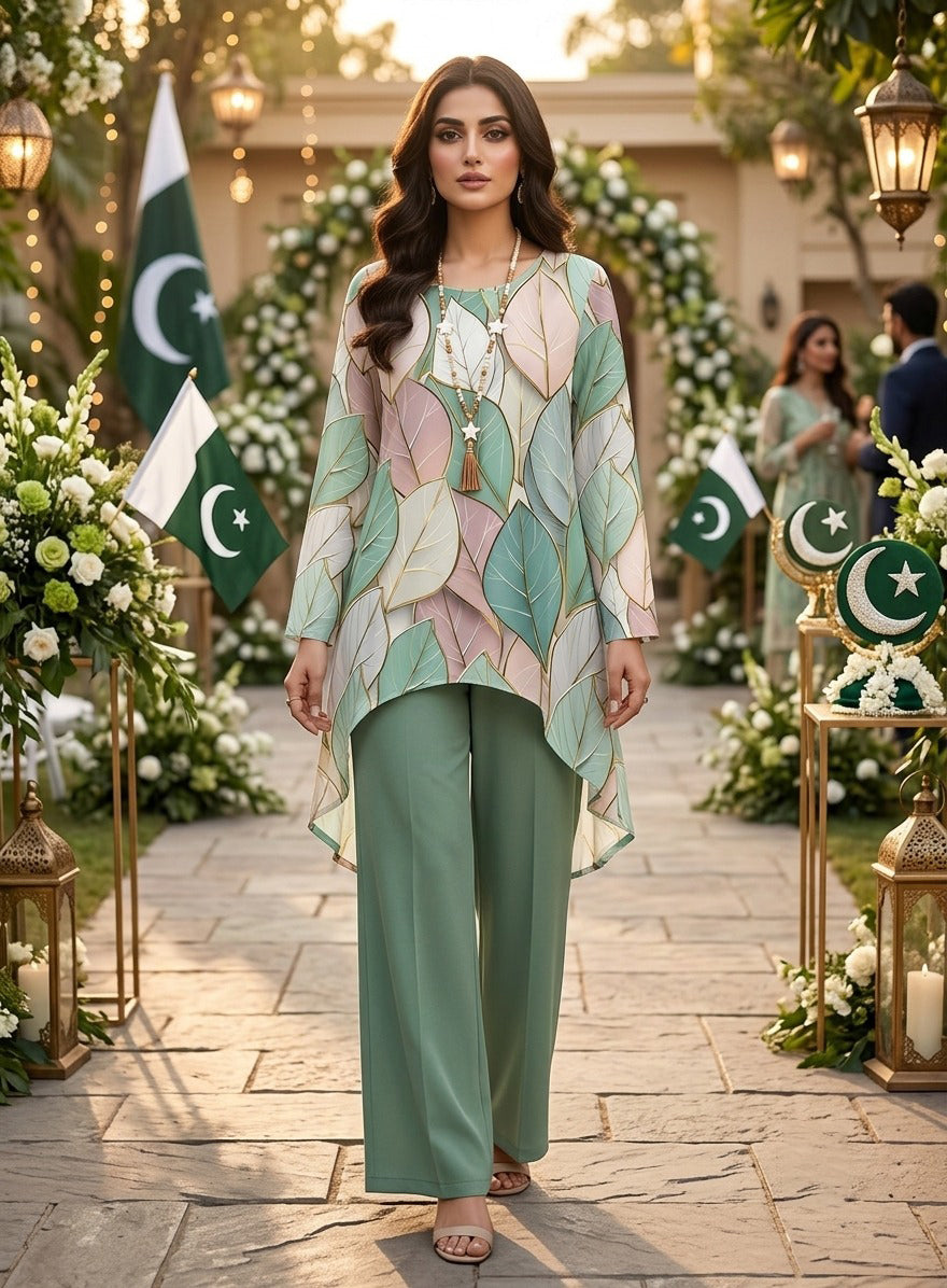 Naye Kapray Women's Leaf Marble Print Co-Ord Set | Long Sleeve Blouse & Wide Leg Trousers | Elegant Casual Two Piece Outfit