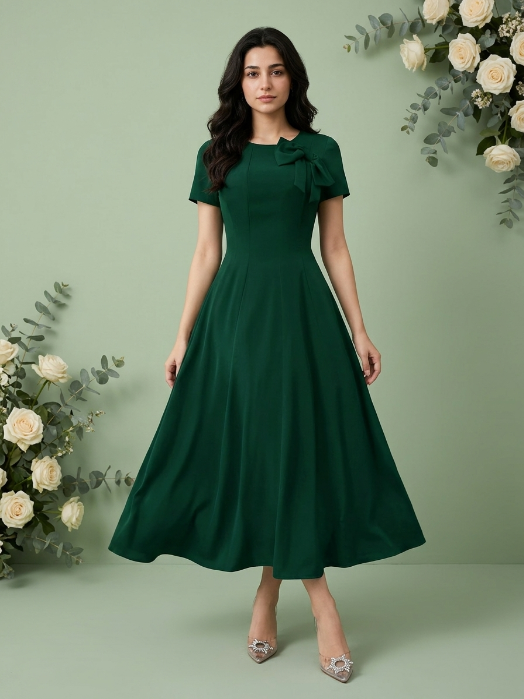 Naye Kapray Women's Dark Green Midi Dress | Elegant Bow Waist A-Line Party Dress | Short Sleeve High Waist Occasion Wear for Women