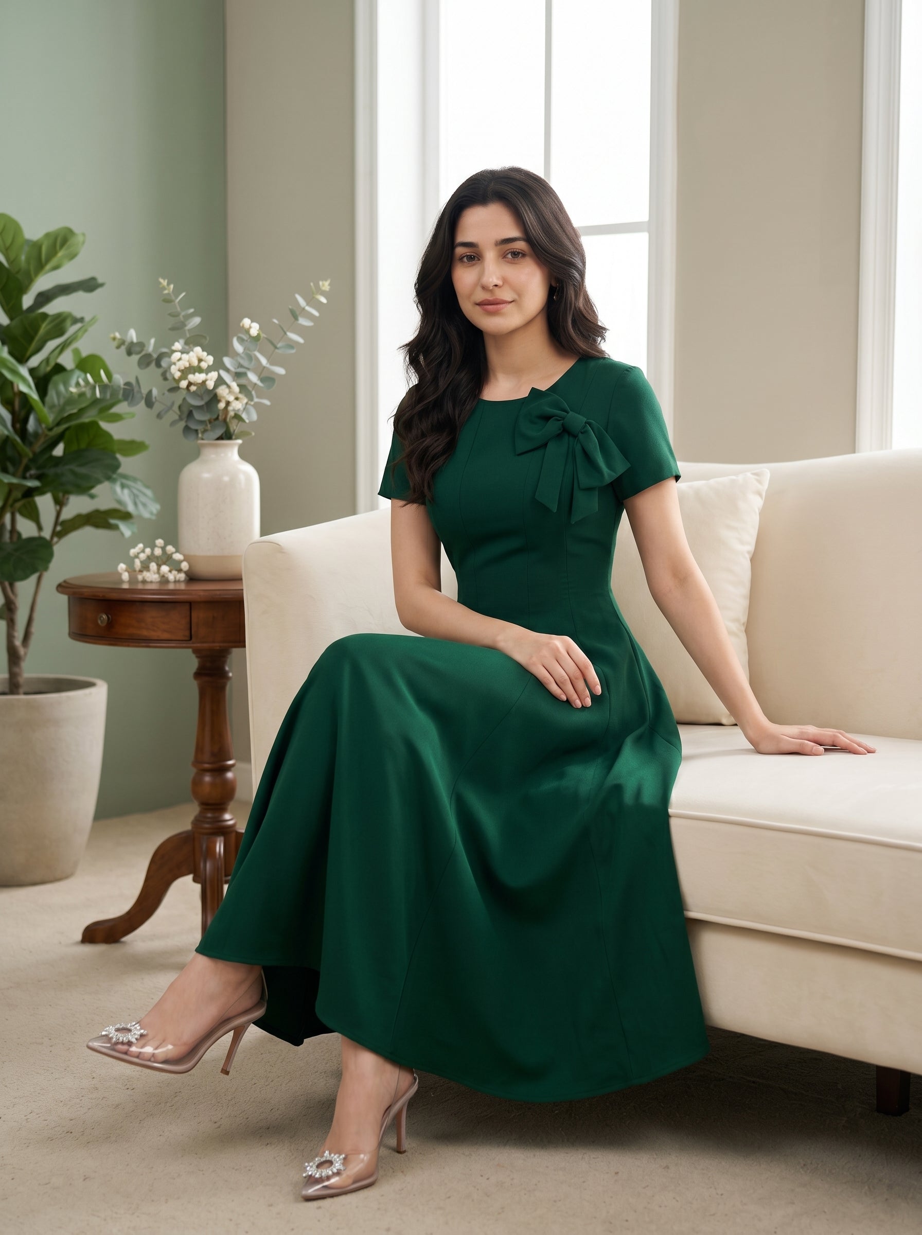 Naye Kapray Women's Dark Green Midi Dress | Elegant Bow Waist A-Line Party Dress | Short Sleeve High Waist Occasion Wear for Women