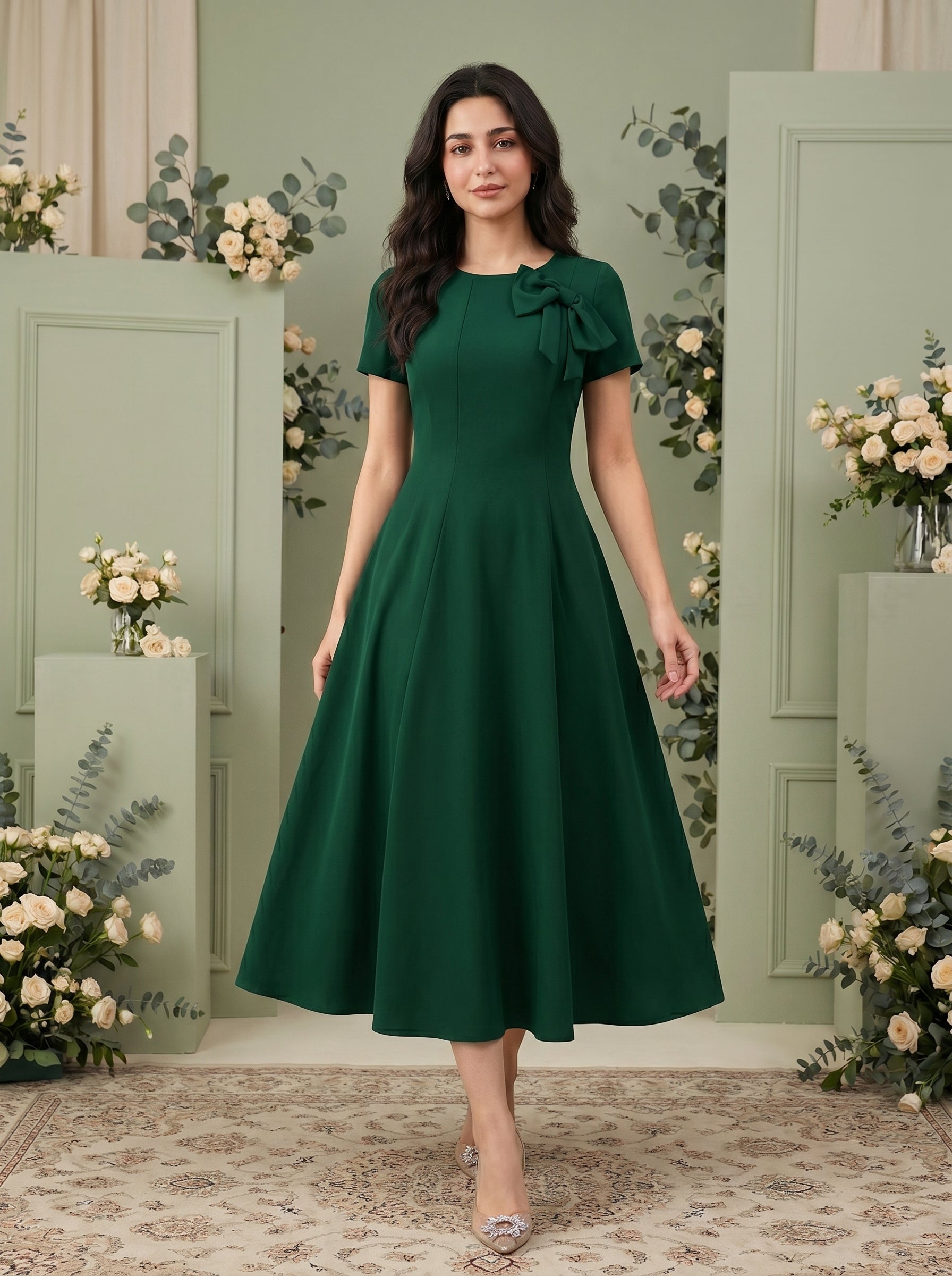 Naye Kapray Women's Dark Green Midi Dress | Elegant Bow Waist A-Line Party Dress | Short Sleeve High Waist Occasion Wear for Women