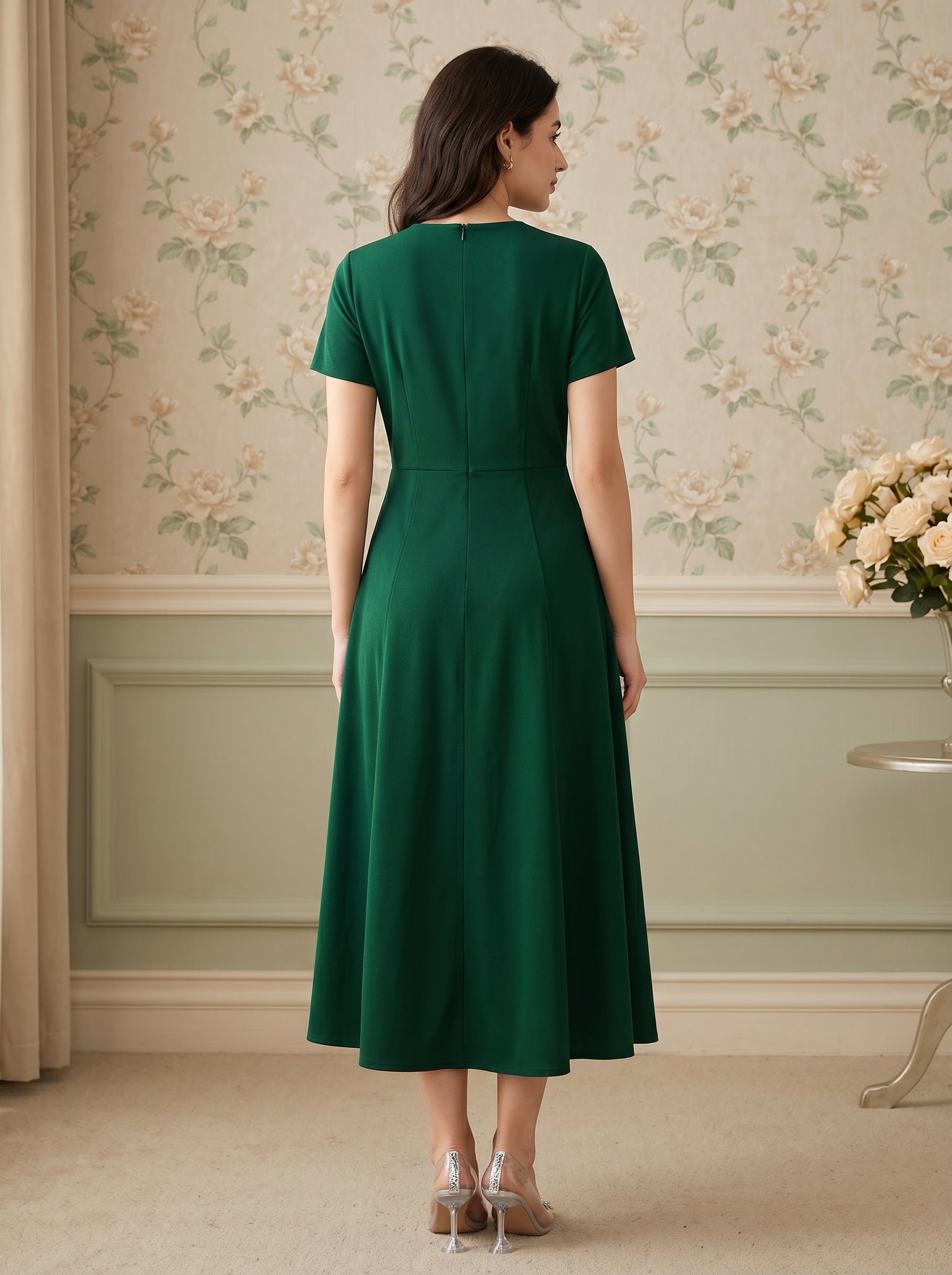 Naye Kapray Women's Dark Green Midi Dress | Elegant Bow Waist A-Line Party Dress | Short Sleeve High Waist Occasion Wear for Women