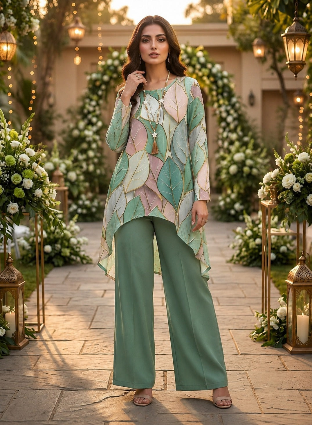 Naye Kapray Women's Leaf Marble Print Co-Ord Set | Long Sleeve Blouse & Wide Leg Trousers | Elegant Casual Two Piece Outfit