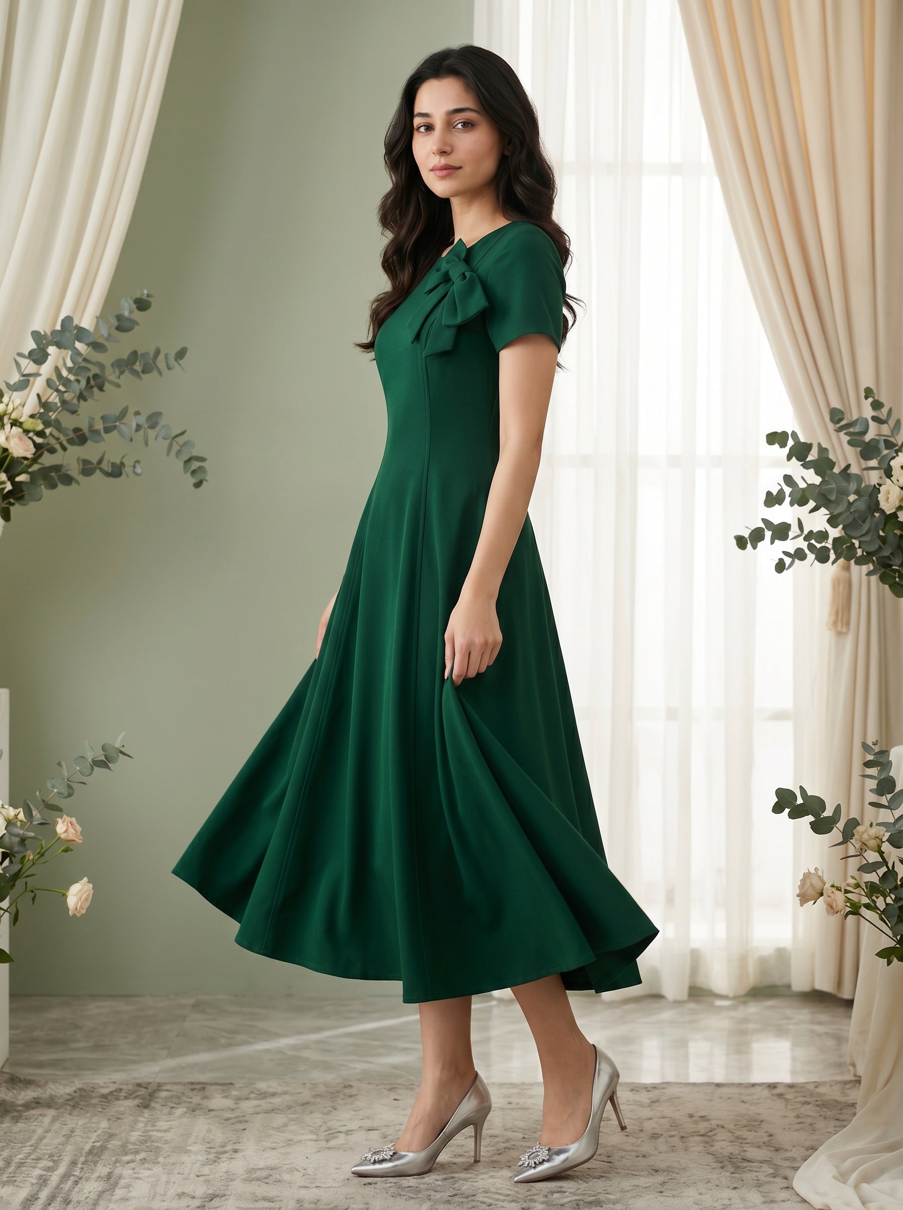 Naye Kapray Women's Dark Green Midi Dress | Elegant Bow Waist A-Line Party Dress | Short Sleeve High Waist Occasion Wear for Women