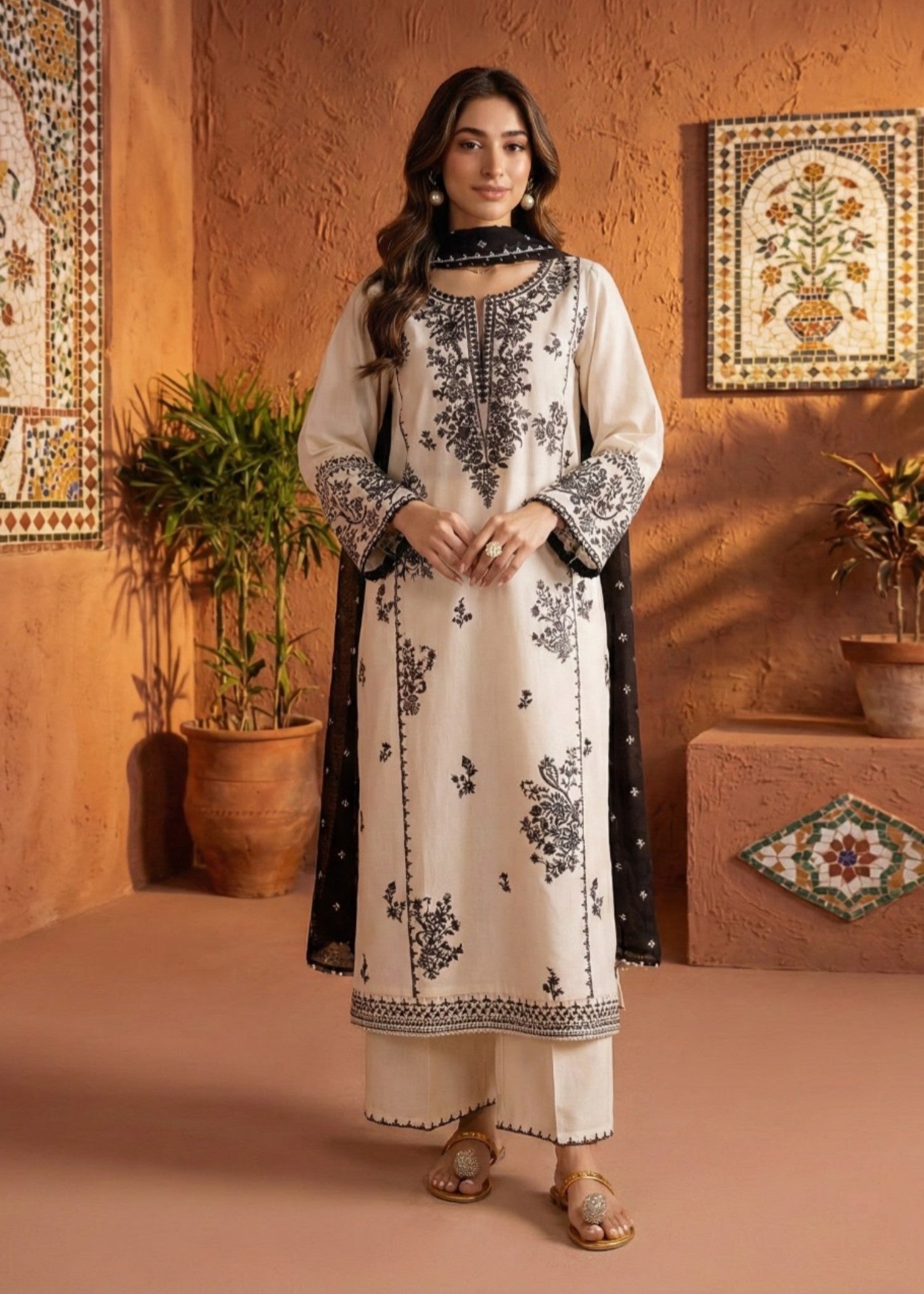 Tehzeeb Libas WHITE PEARL EMBROIDERED 3PC