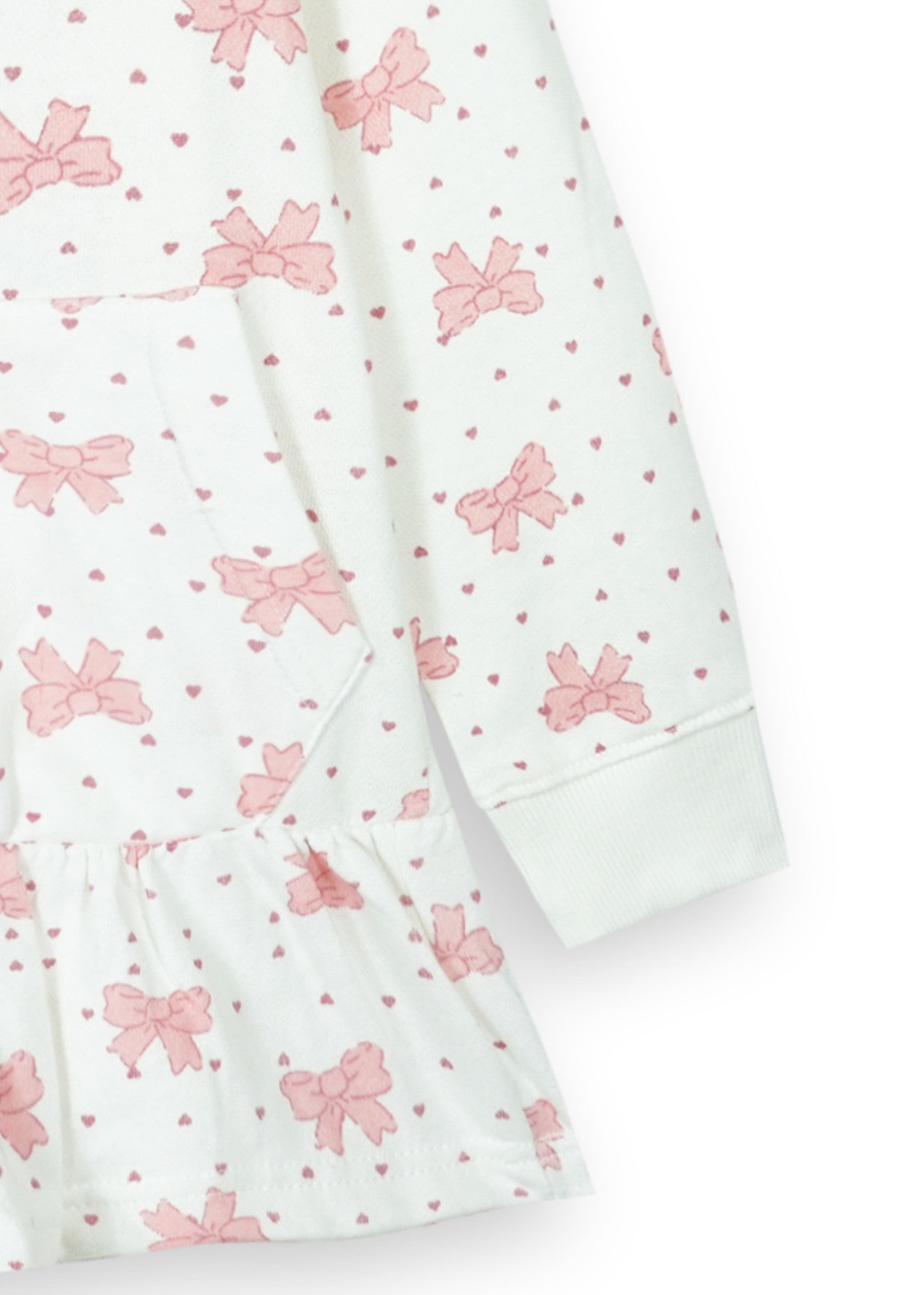 KIDS-BOWS-AND-MINI-HEART-PRINT-FRILL-HEMLINE-HOODIE-100 Cotton Terry