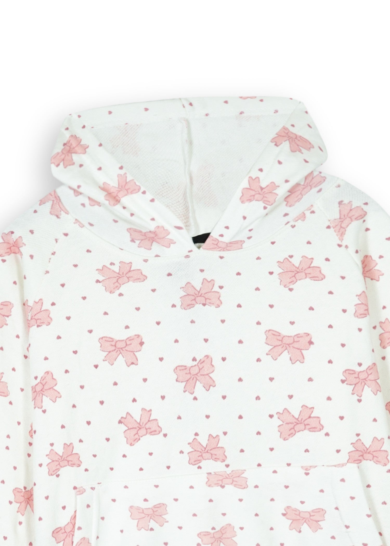 KIDS-BOWS-AND-MINI-HEART-PRINT-FRILL-HEMLINE-HOODIE-100 Cotton Terry