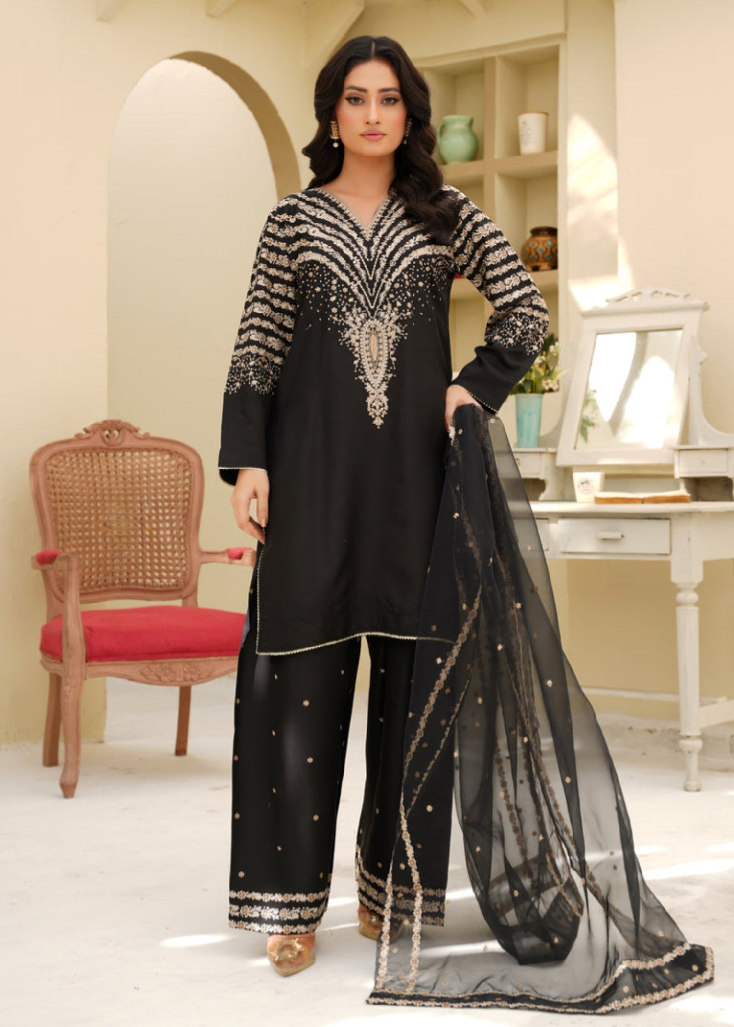 Tehzeeb Libas BLACK PEACOCK EMBROIDERED 3PC