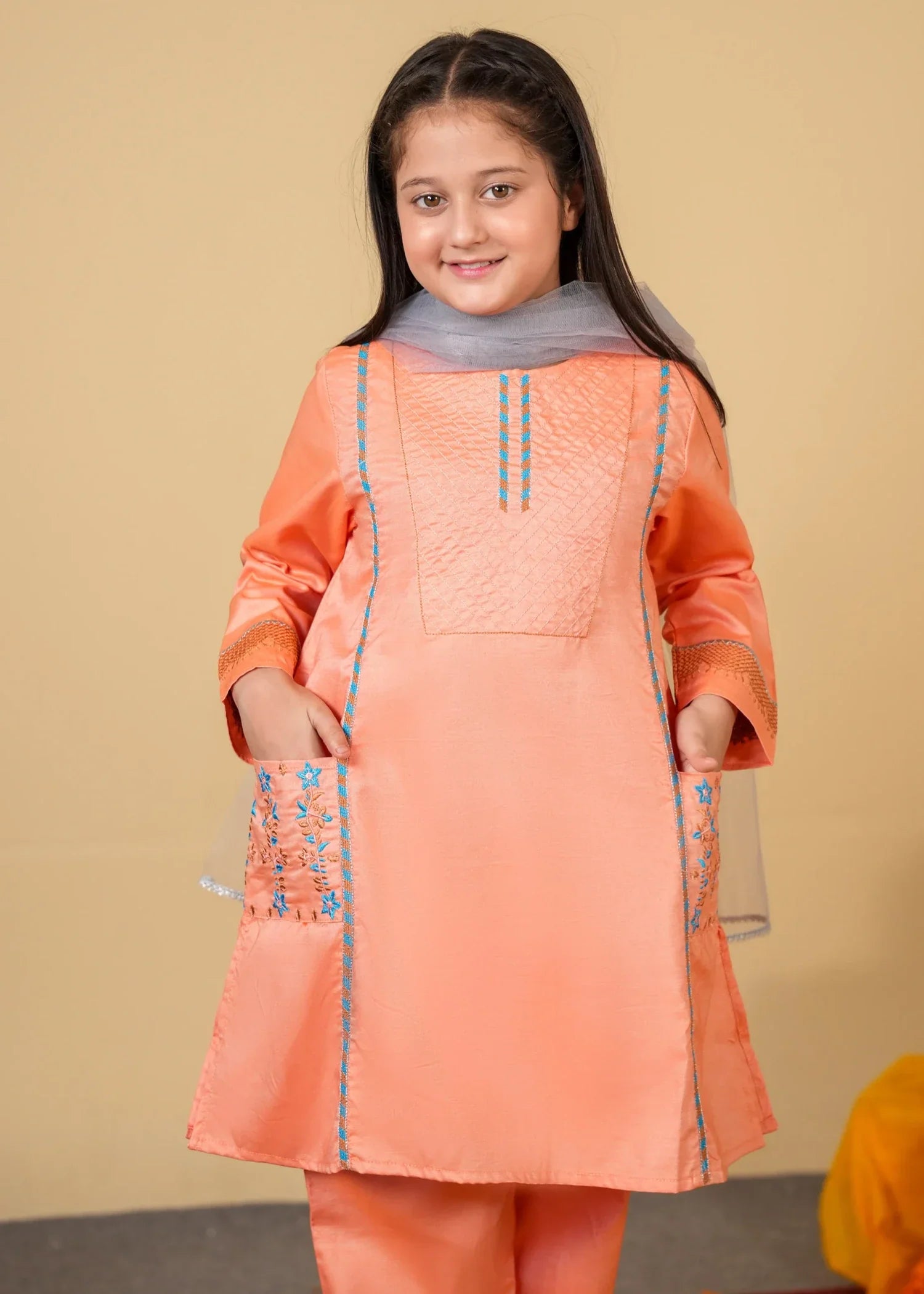 PEACH-EMBROIDERED-3 - Piece Cotton Suit For Girls