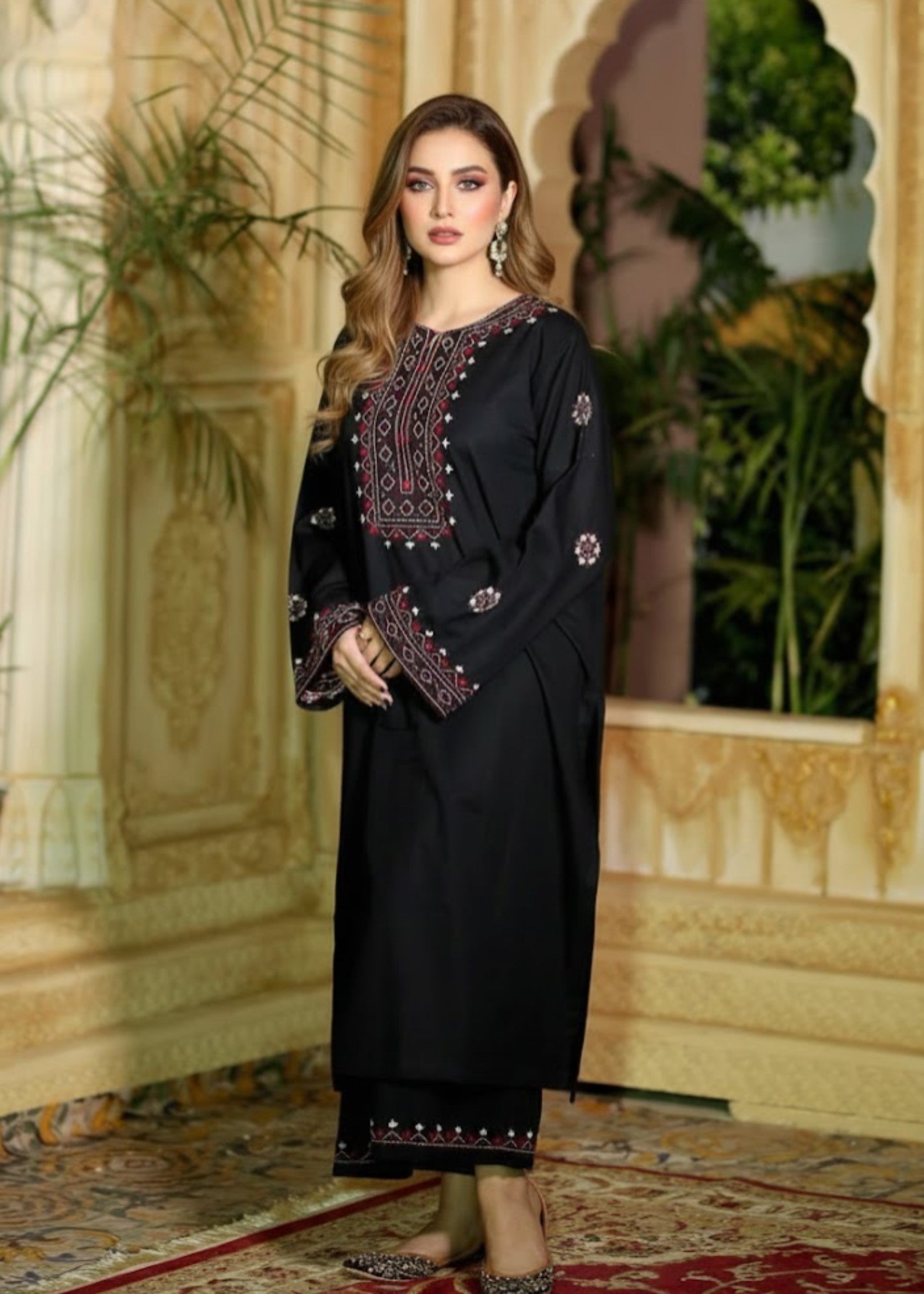 Tehzeeb Libas Midnight Maroon Embroidered Linen 2PC Suit
