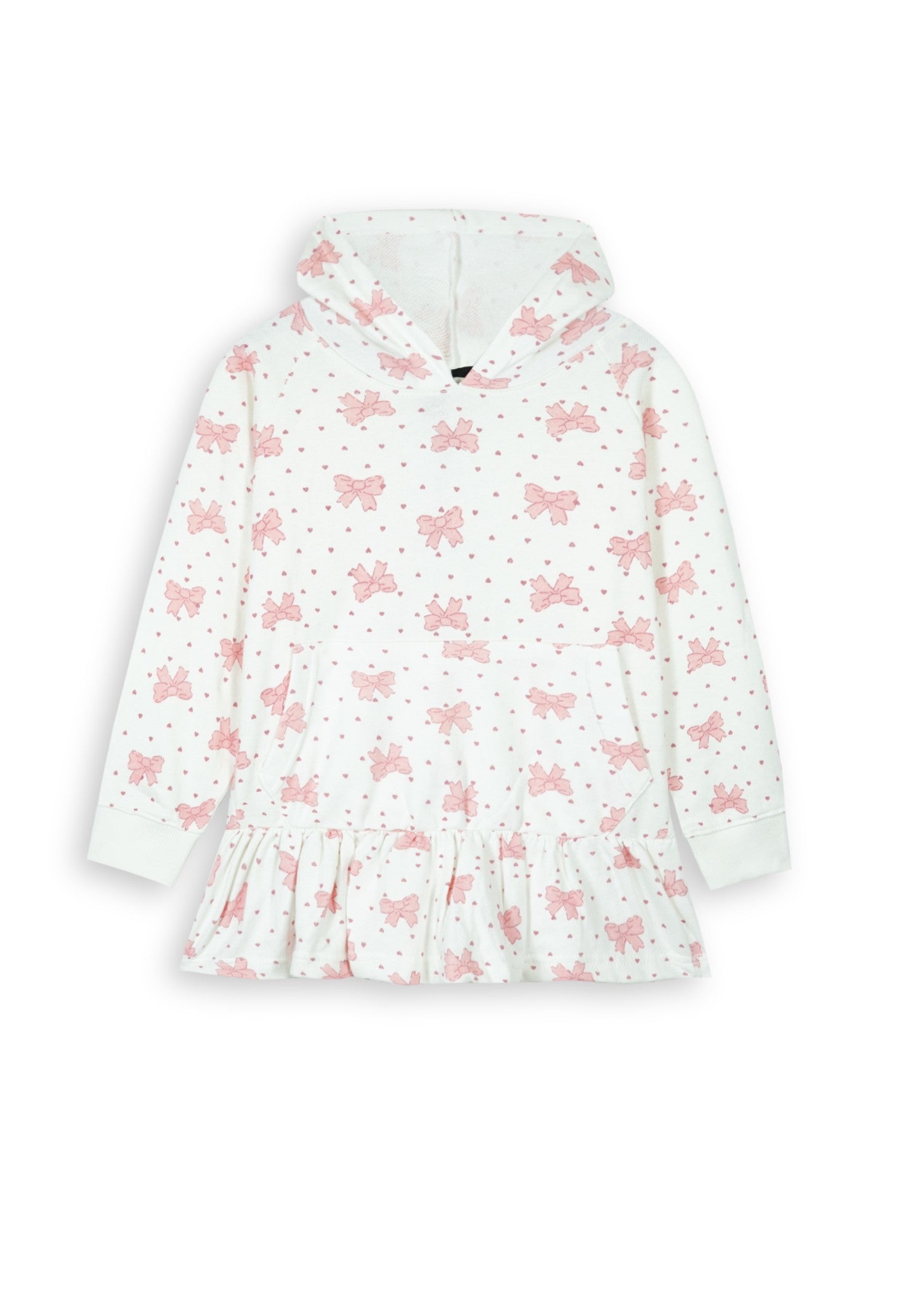 KIDS-BOWS-AND-MINI-HEART-PRINT-FRILL-HEMLINE-HOODIE-100 Cotton Terry