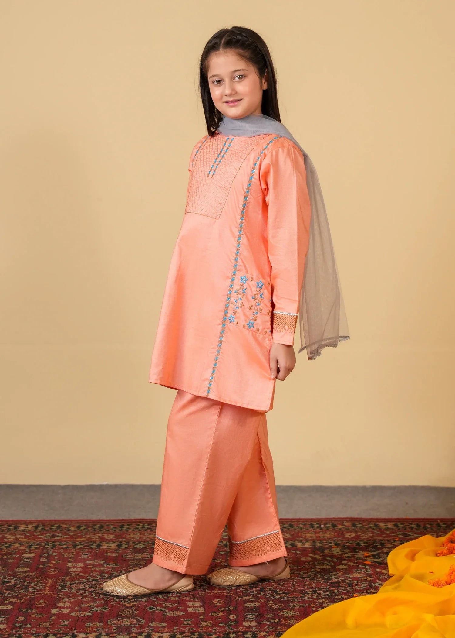 PEACH-EMBROIDERED-3 - Piece Cotton Suit For Girls