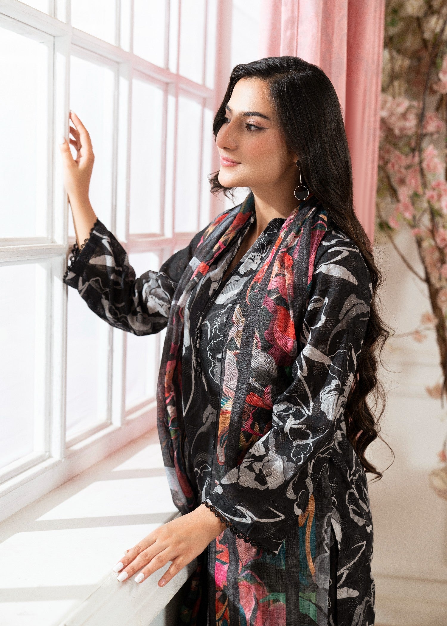 Textured lawn Kurta Set in Black