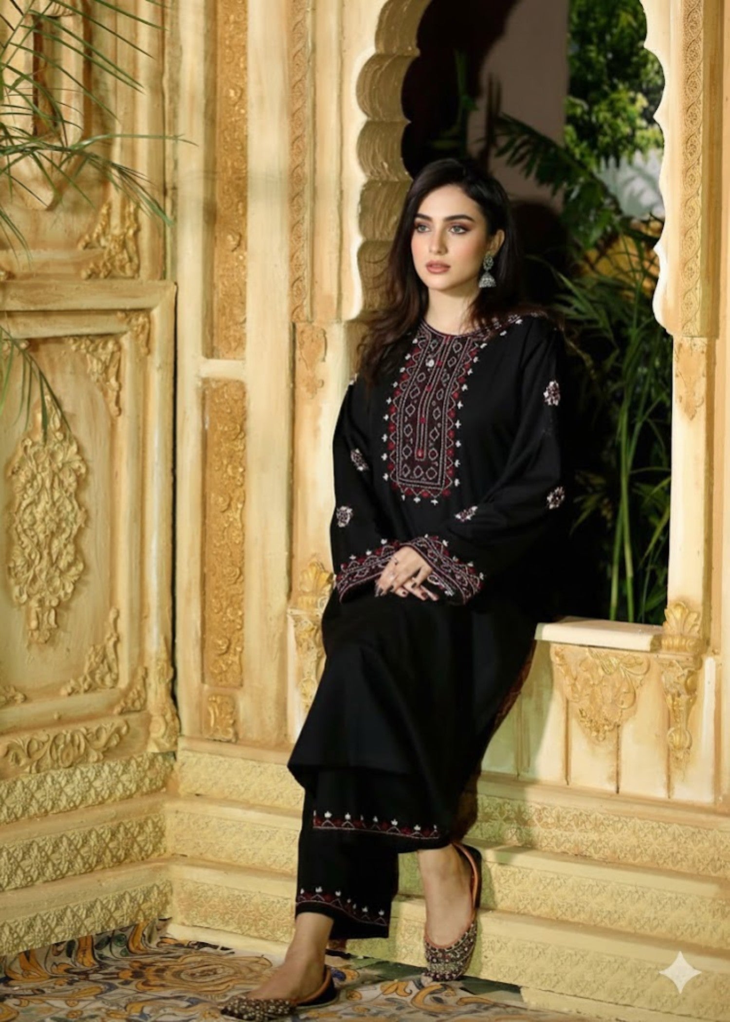Tehzeeb Libas Midnight Maroon Embroidered Linen 2PC Suit