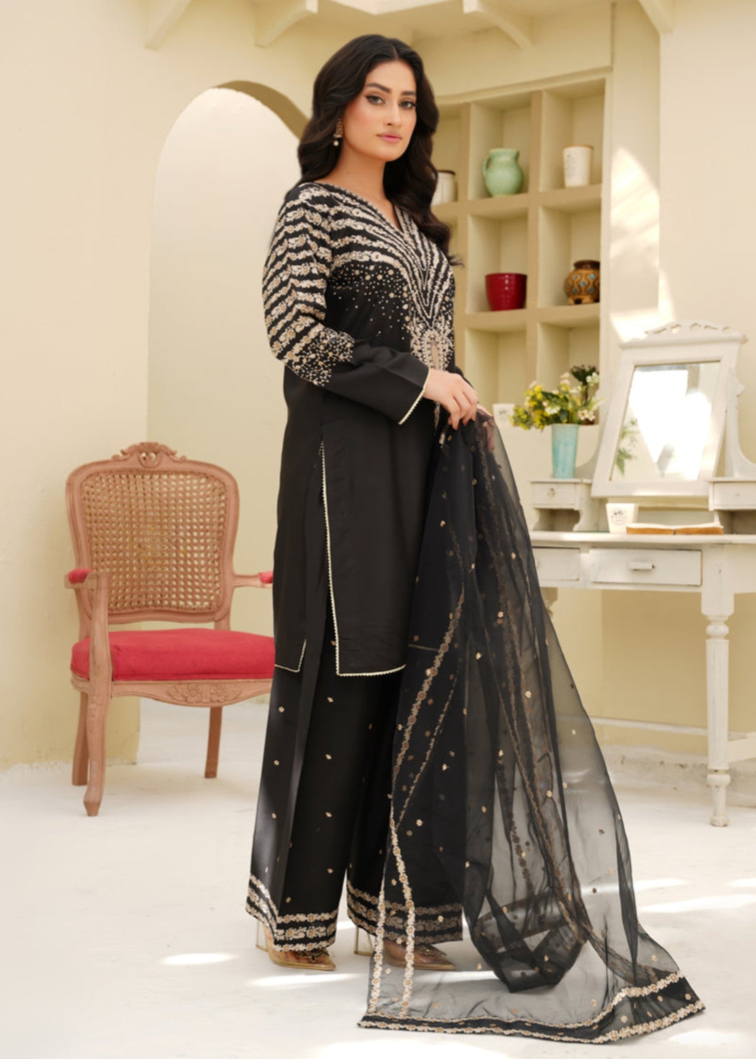 Tehzeeb Libas BLACK PEACOCK EMBROIDERED 3PC