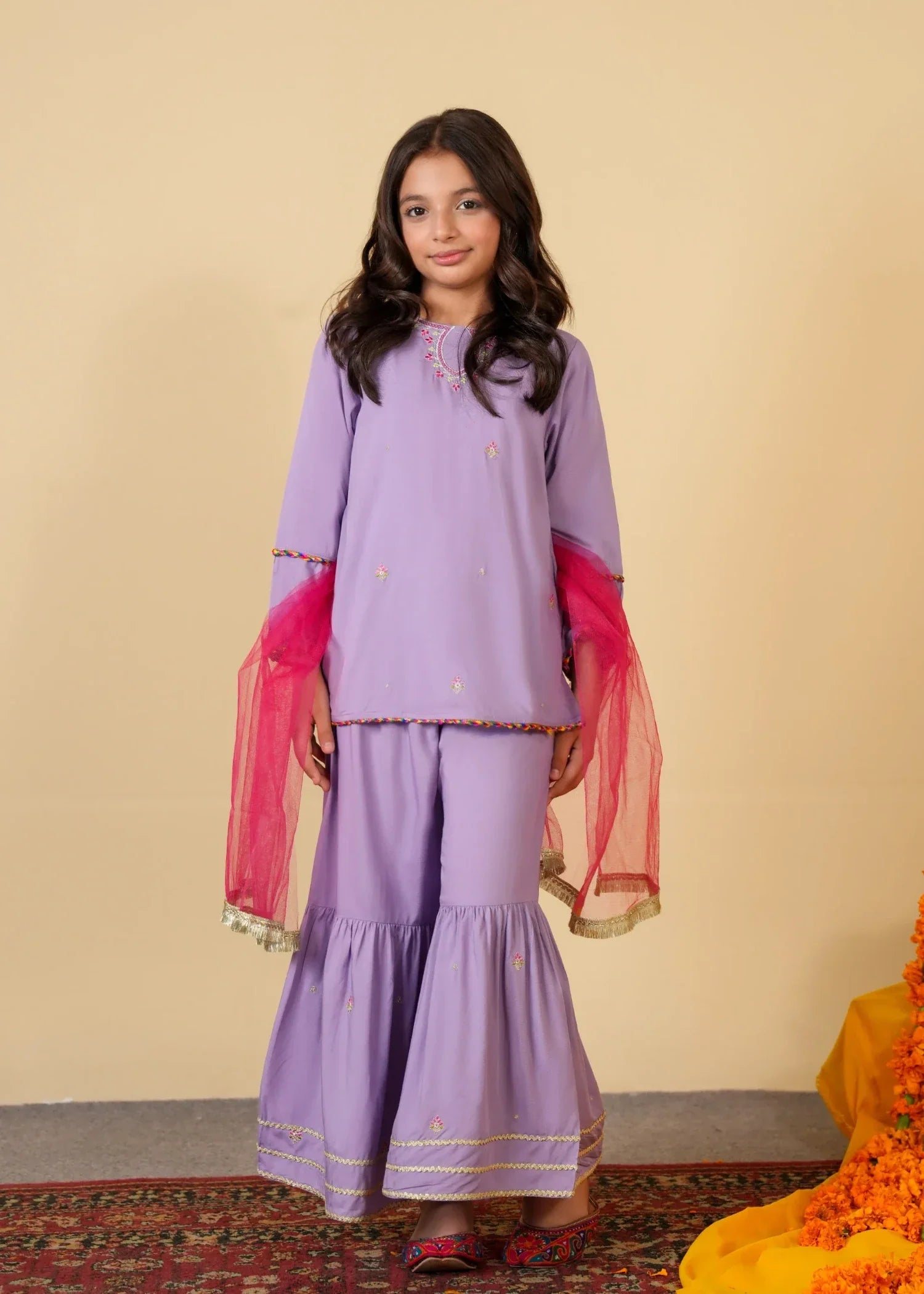 LAVENDER-GHARARA-SUIT-WITH-SHORT-SHIRT-NET-DUPATTA-FESTIVE-KIDSWEAR