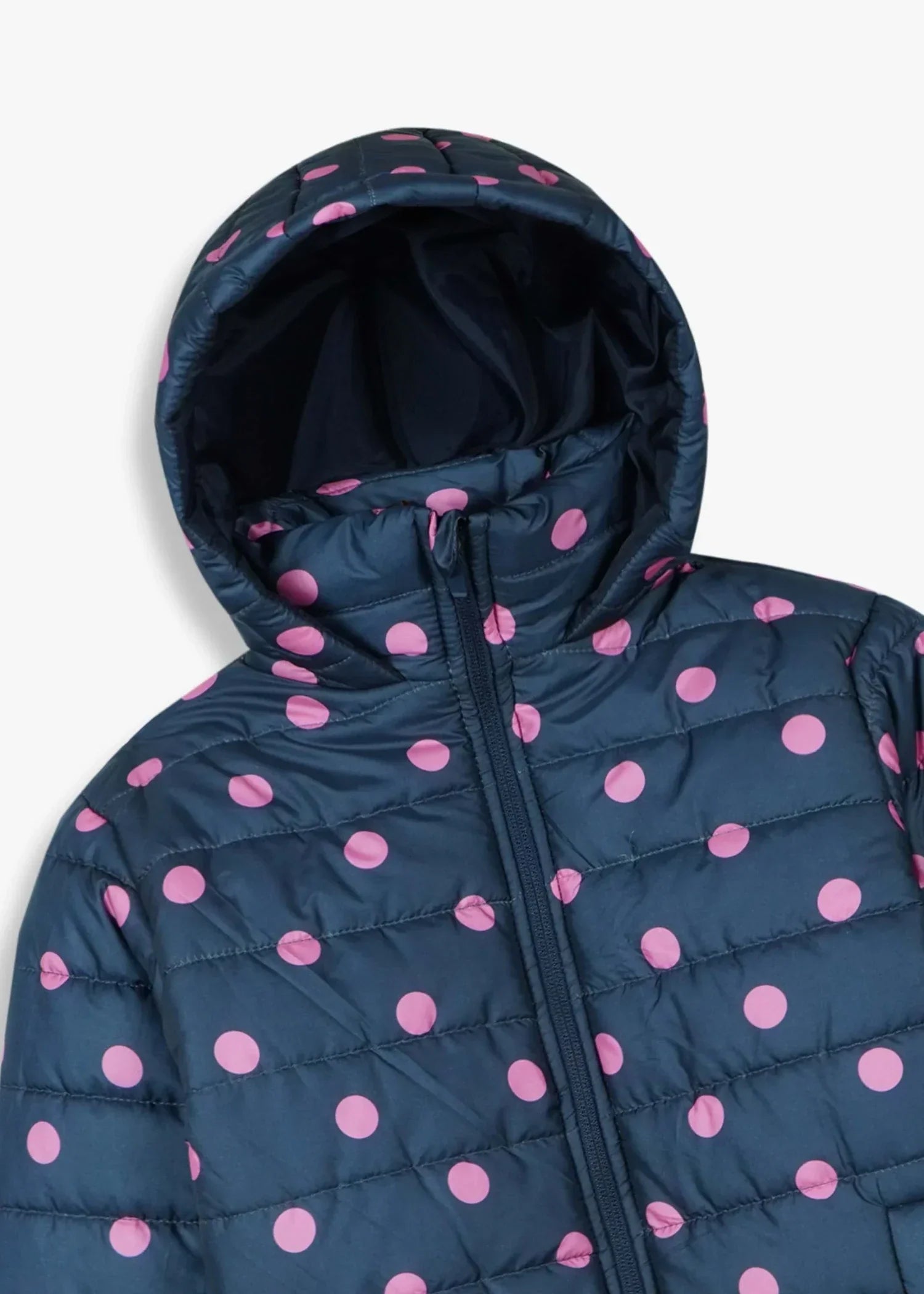 GIRLS-NAVY-POLKA-DOT-PUFFER-JACKET-WARM-WINTER-HOODED-COAT-LIGHTWEIGHT-OUTERWEAR