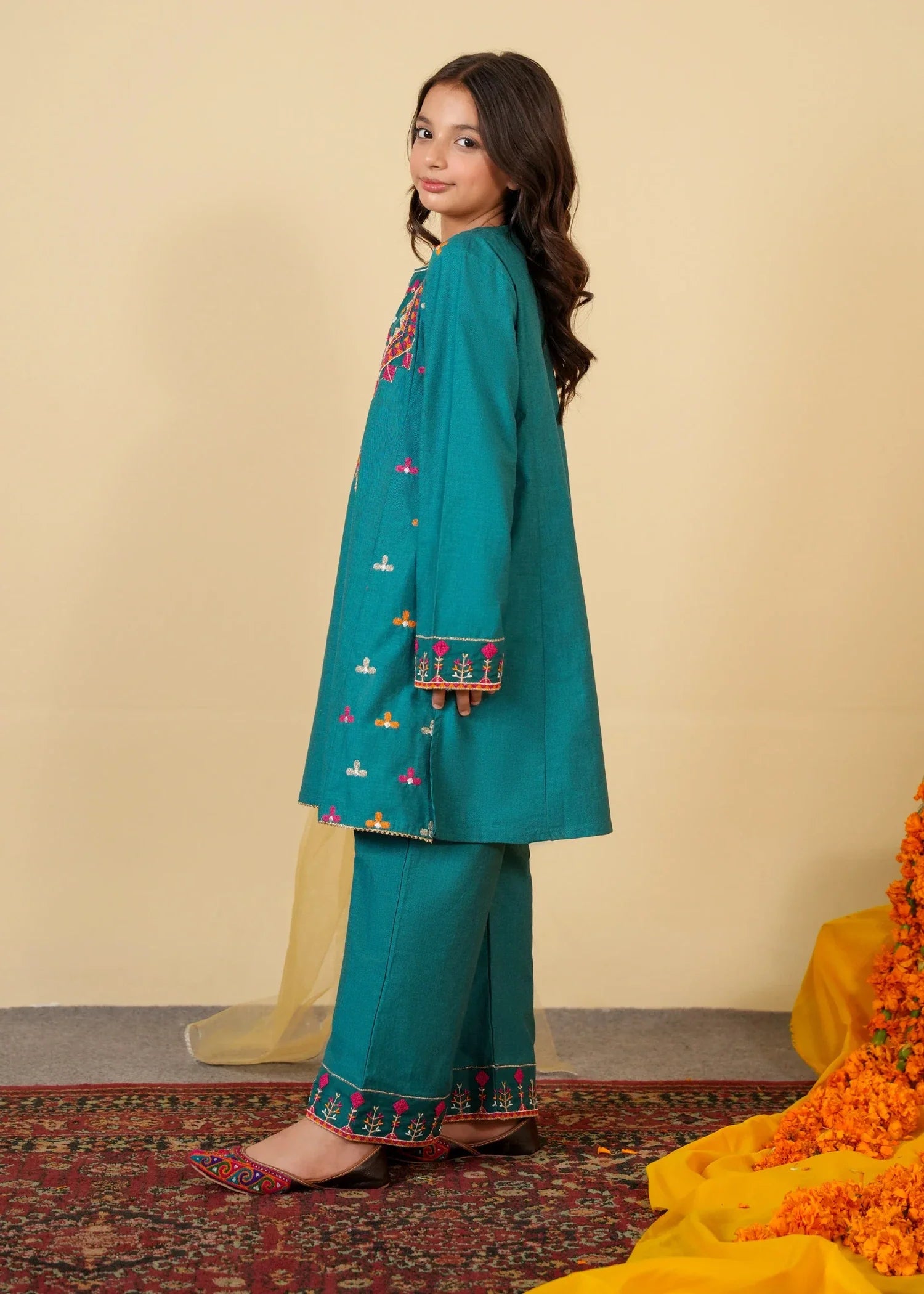 TEAL-COTTON-EMBROIDERED-3 Piece Suit Festive Wedding Kidswear
