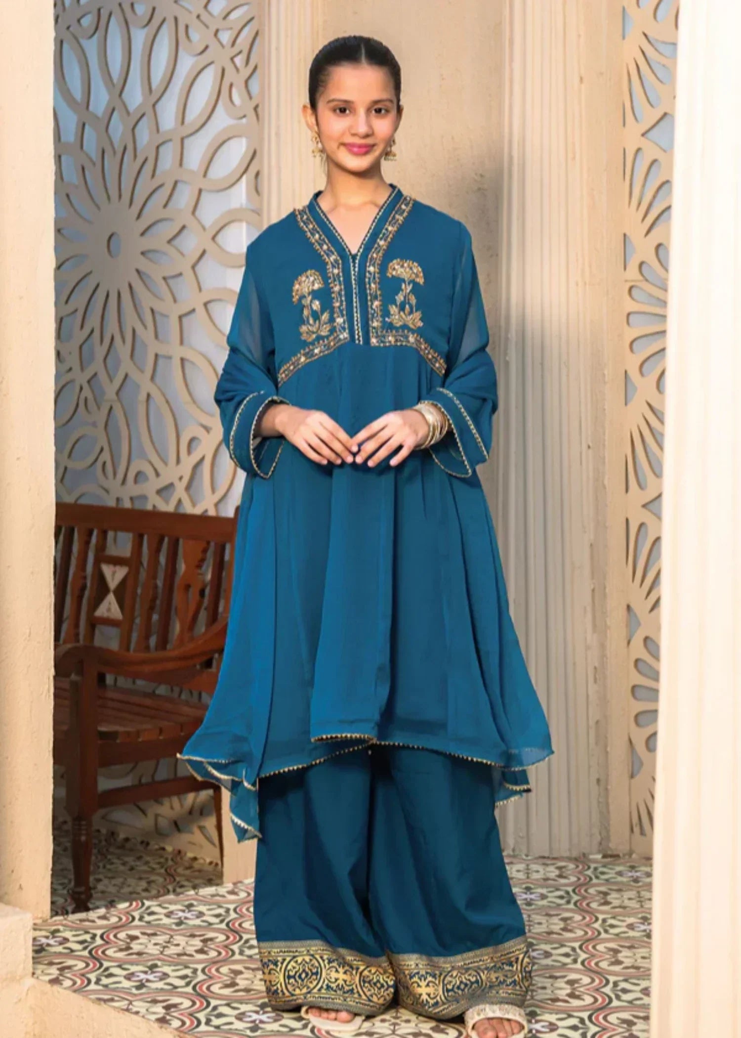 CHIFFON-HAND-ADDA-WORK-3 - Pc Suit Teal Blue