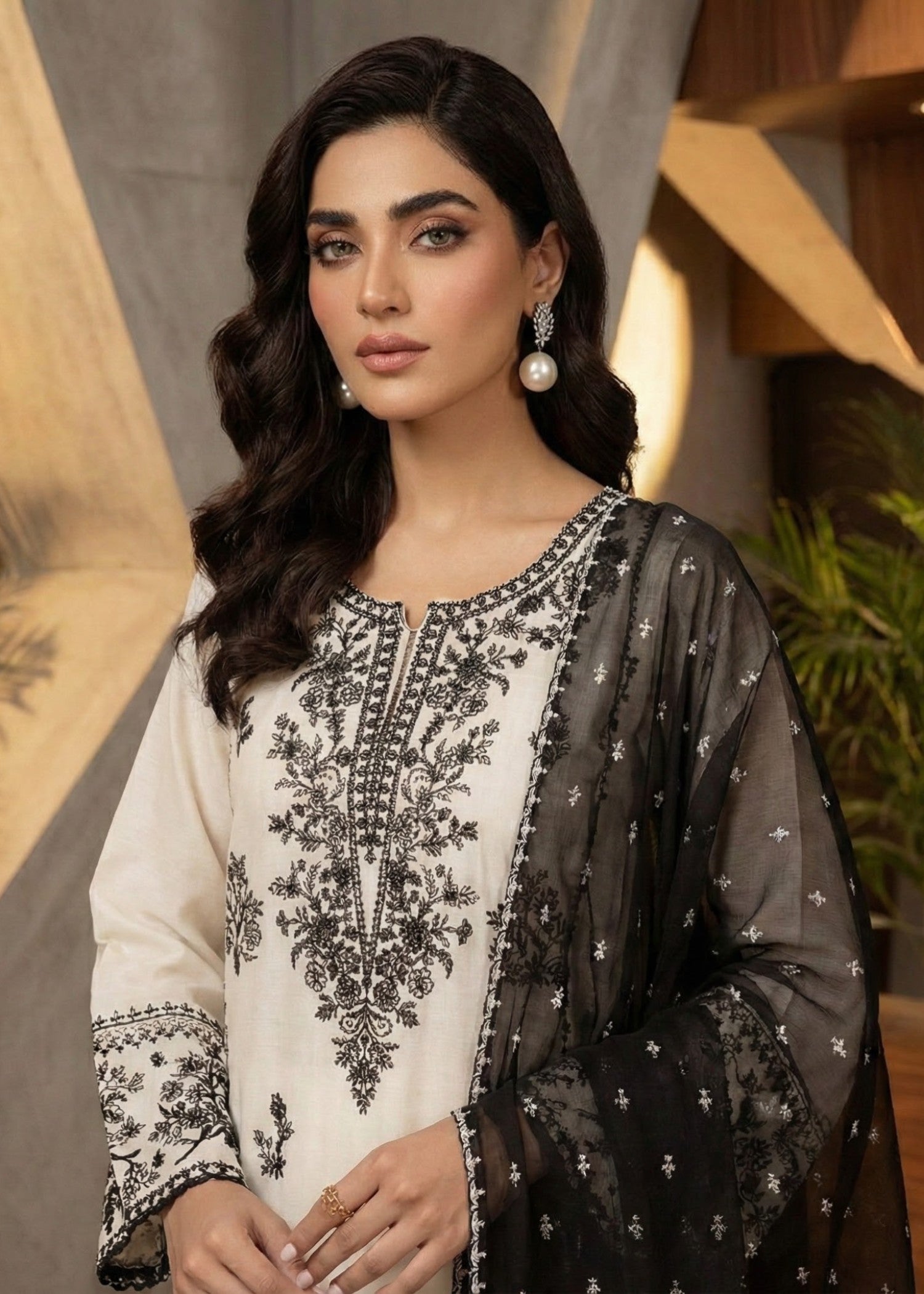 Tehzeeb Libas WHITE PEARL EMBROIDERED 3PC