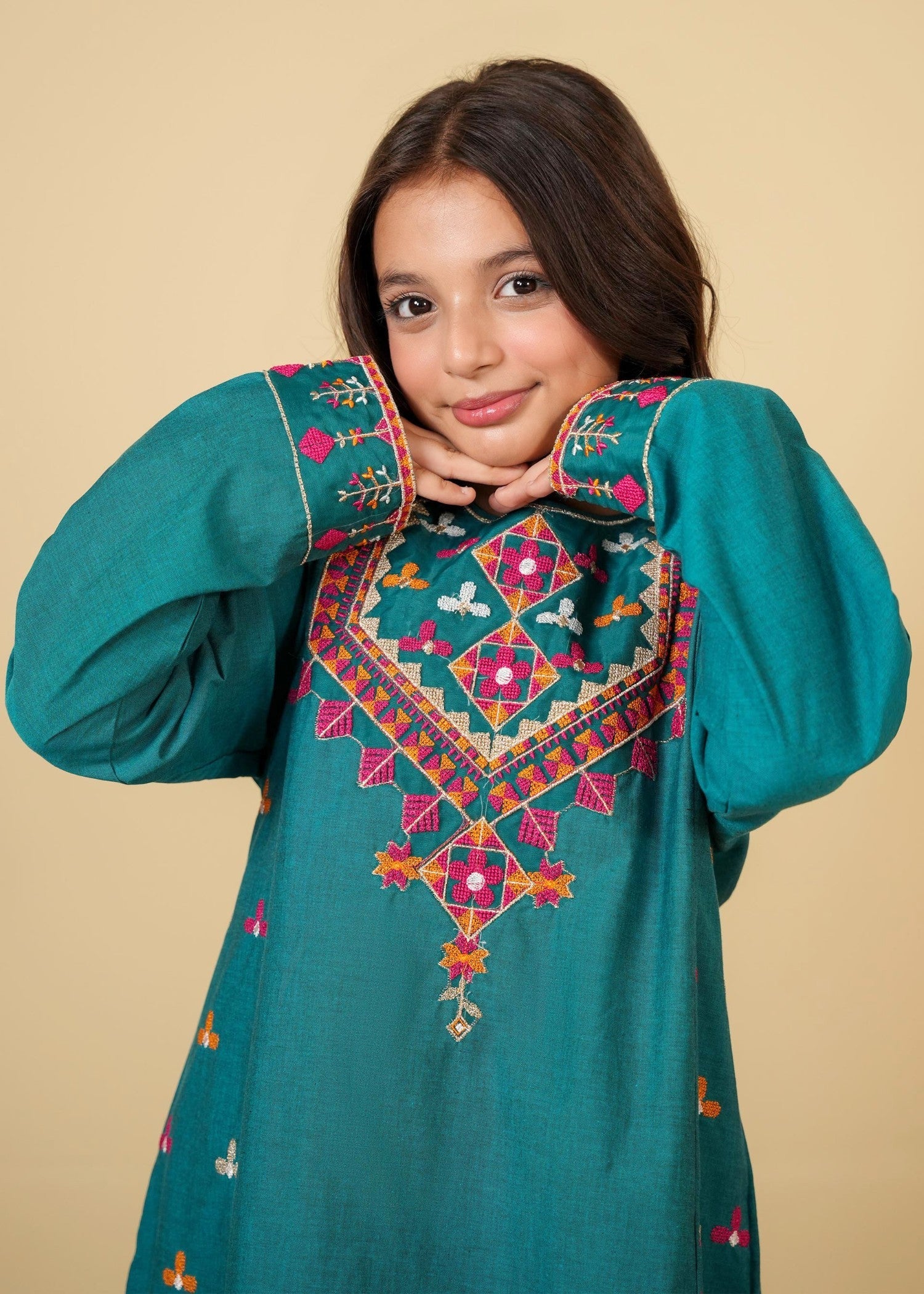 TEAL-COTTON-EMBROIDERED-3 Piece Suit Festive Wedding Kidswear