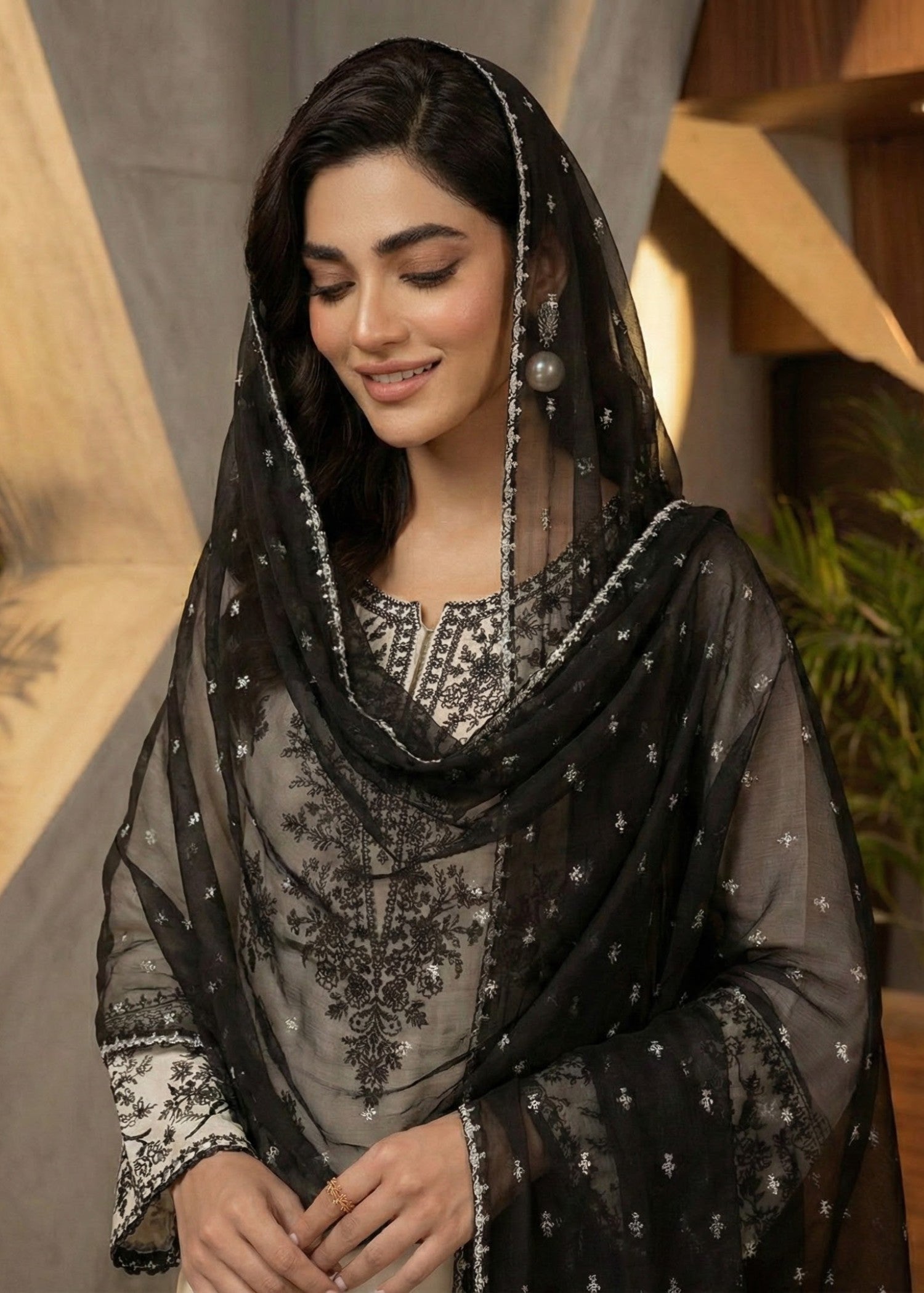 Tehzeeb Libas WHITE PEARL EMBROIDERED 3PC