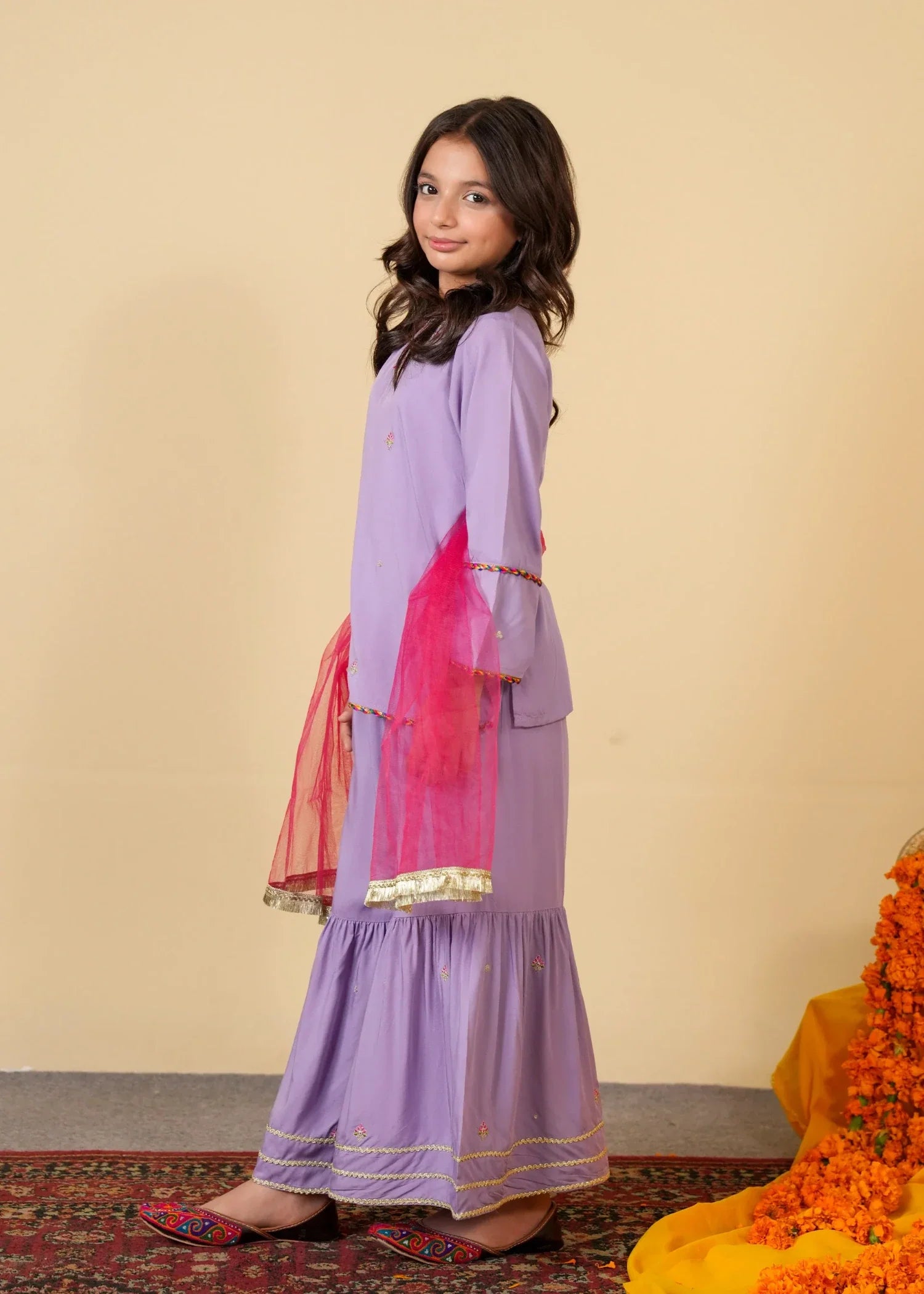 LAVENDER-GHARARA-SUIT-WITH-SHORT-SHIRT-NET-DUPATTA-FESTIVE-KIDSWEAR