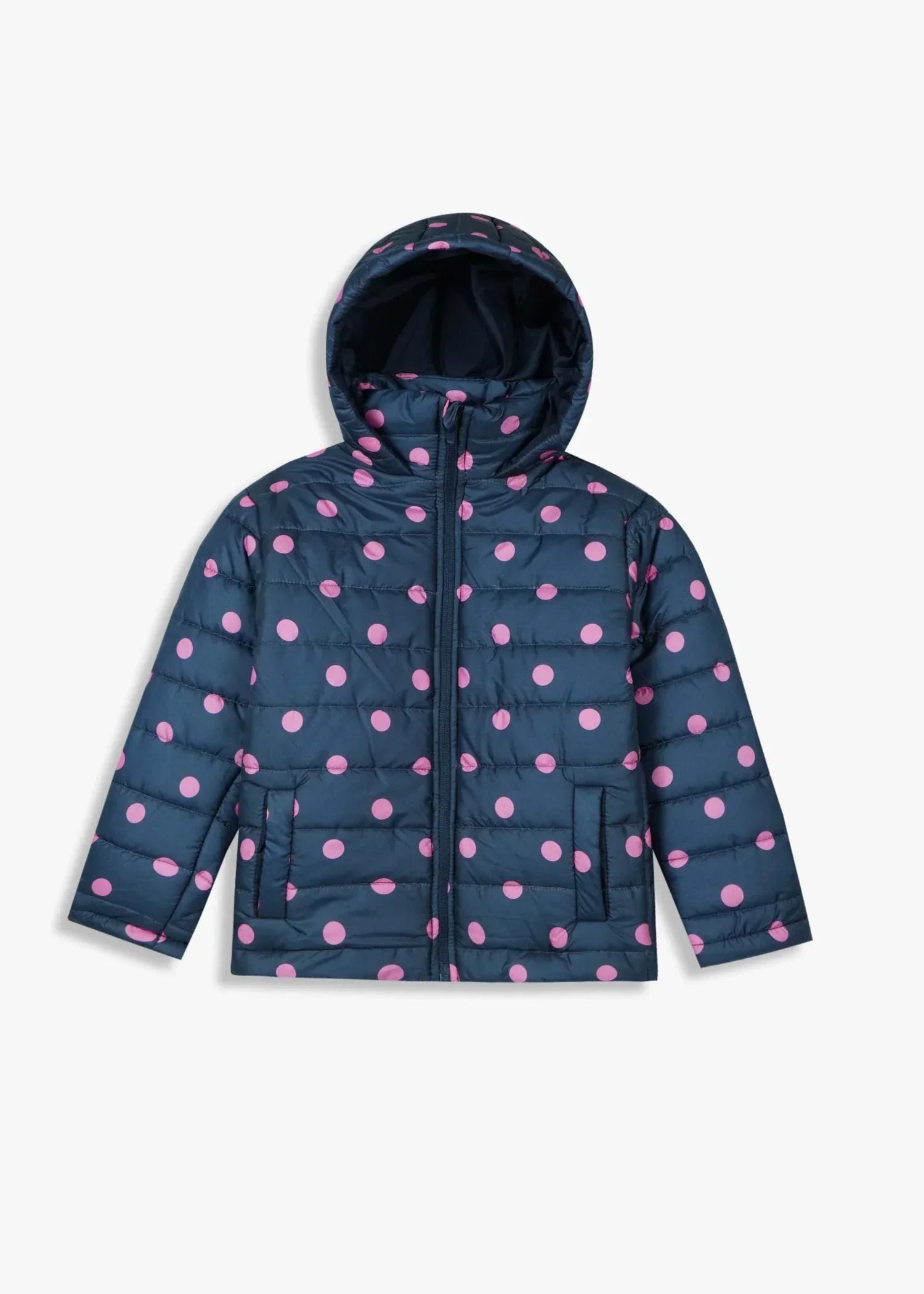 GIRLS-NAVY-POLKA-DOT-PUFFER-JACKET-WARM-WINTER-HOODED-COAT-LIGHTWEIGHT-OUTERWEAR