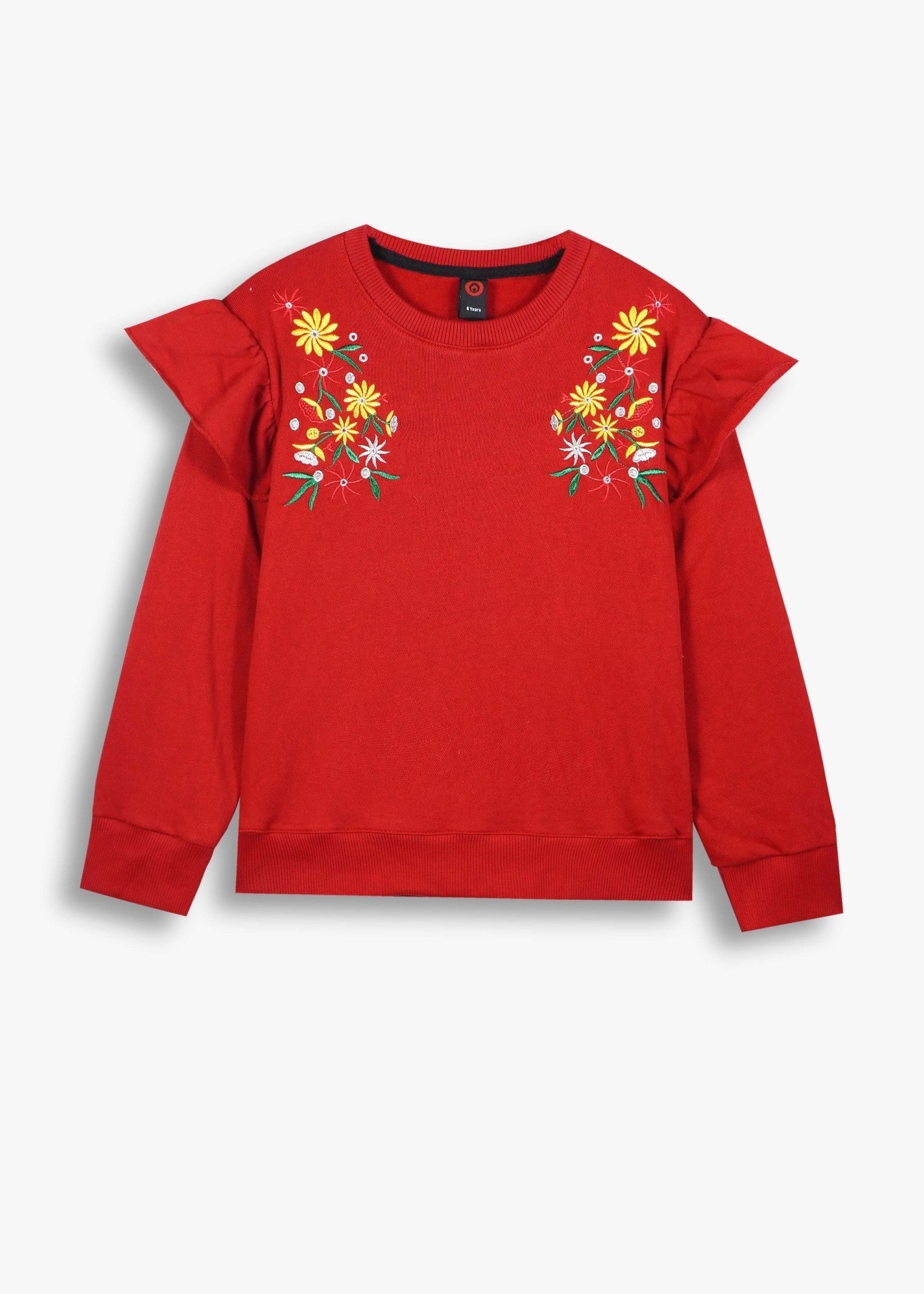 GIRLS-RED-FLEECE-SWEATSHIRT-WITH-FLORAL-EMBROIDERY-RUFFLE-SHOULDERS