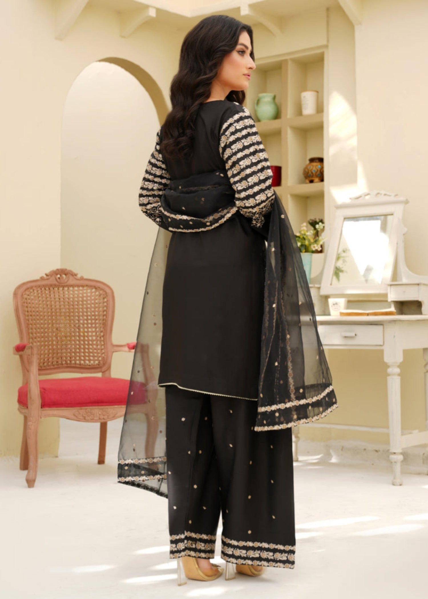 Tehzeeb Libas BLACK PEACOCK EMBROIDERED 3PC