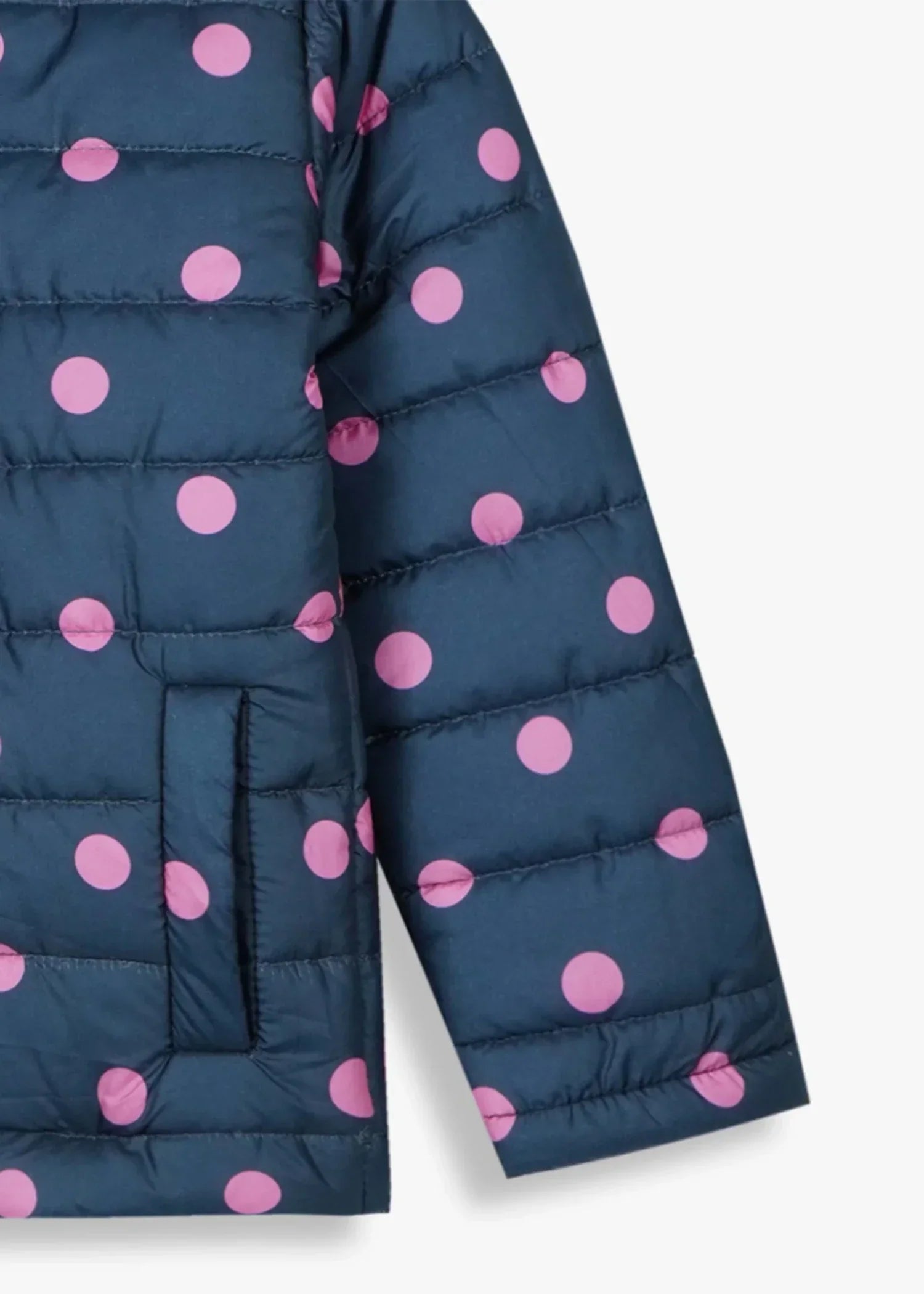 GIRLS-NAVY-POLKA-DOT-PUFFER-JACKET-WARM-WINTER-HOODED-COAT-LIGHTWEIGHT-OUTERWEAR