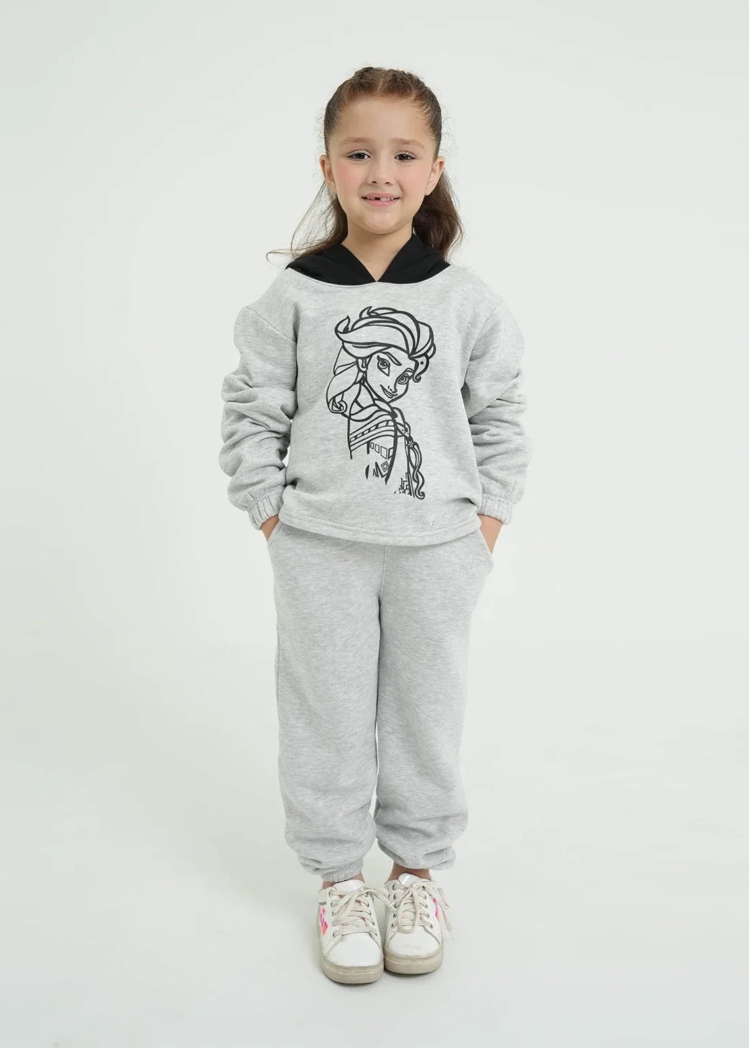 GIRLS-GREY-ELSA-TRACKSUIT-100 - Cotton Fleece Short Body Hoodie Joggers