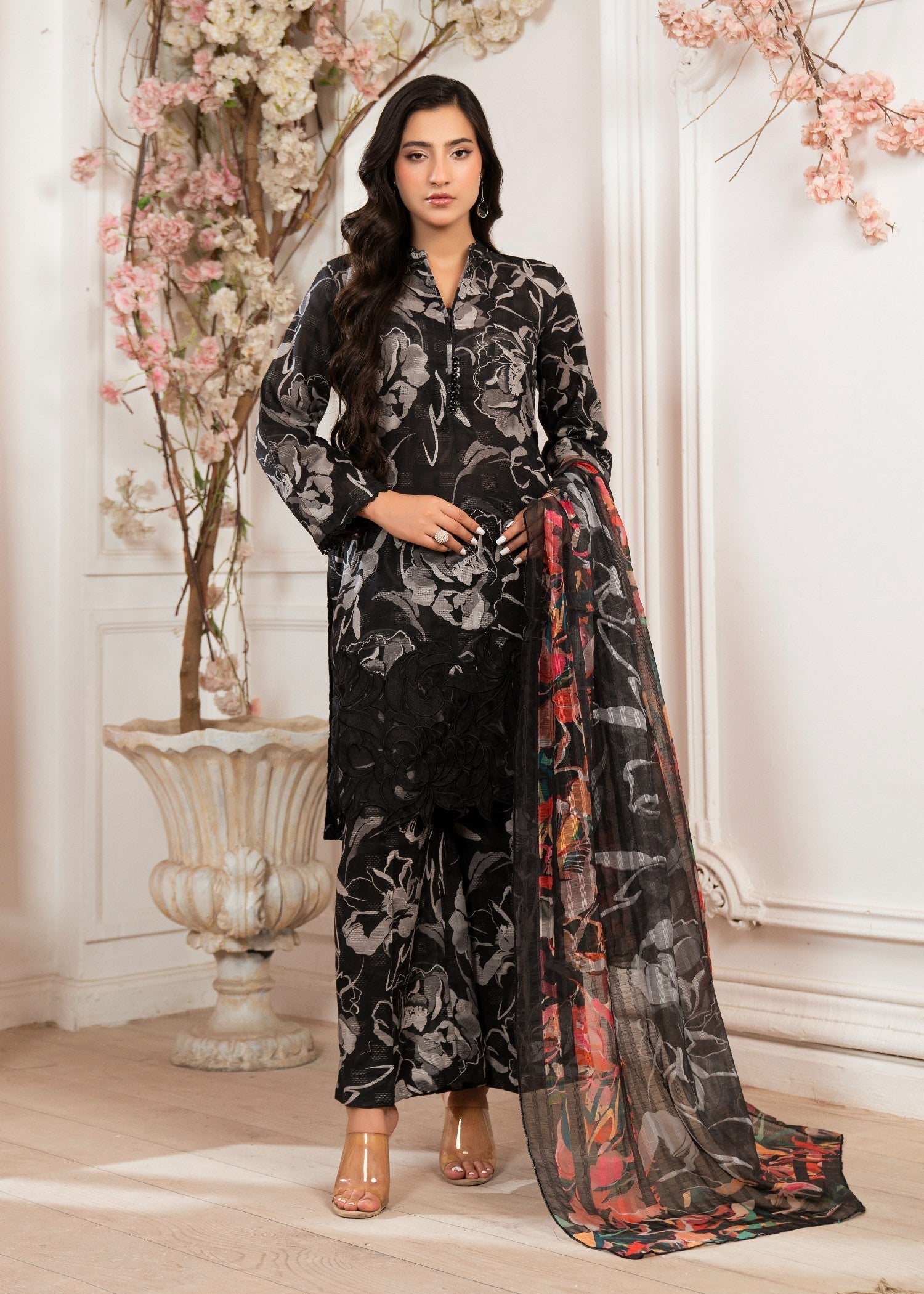 Textured lawn Kurta Set in Black