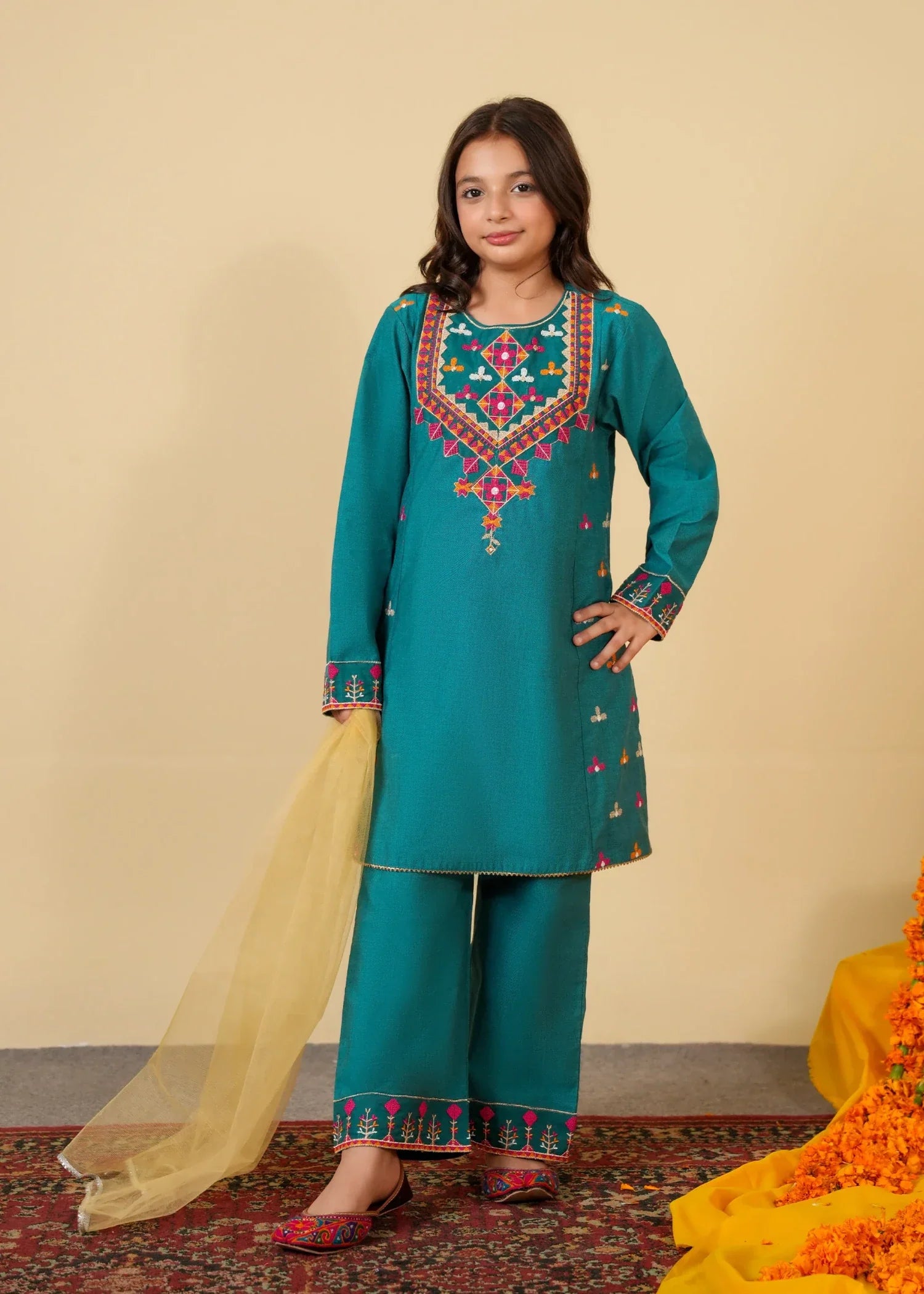 TEAL-COTTON-EMBROIDERED-3 Piece Suit Festive Wedding Kidswear
